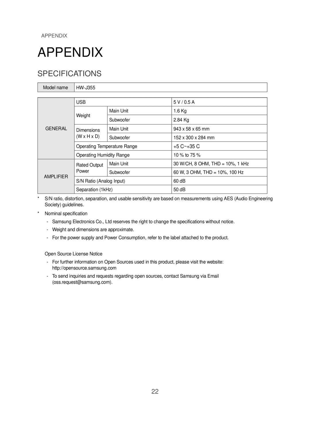 Samsung HW-J355/SQ manual Appendix, Specifications, 0.5 a, Weight Main Unit 