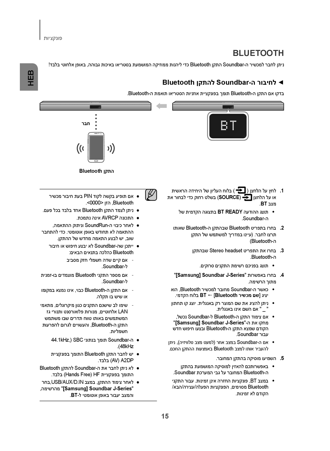 Samsung HW-J355/SQ manual Bluetooth ןקתהל Soundbar-ה רוביחל, רבח Bluetooth ןקתה, Samsung Soundbar J-Series תורשפאב ורחב4 