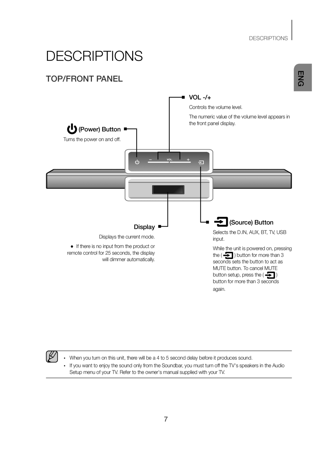 Samsung HW-J355/SQ manual Descriptions, TOP/FRONT Panel, Turns the power on and off, Displays the current mode 