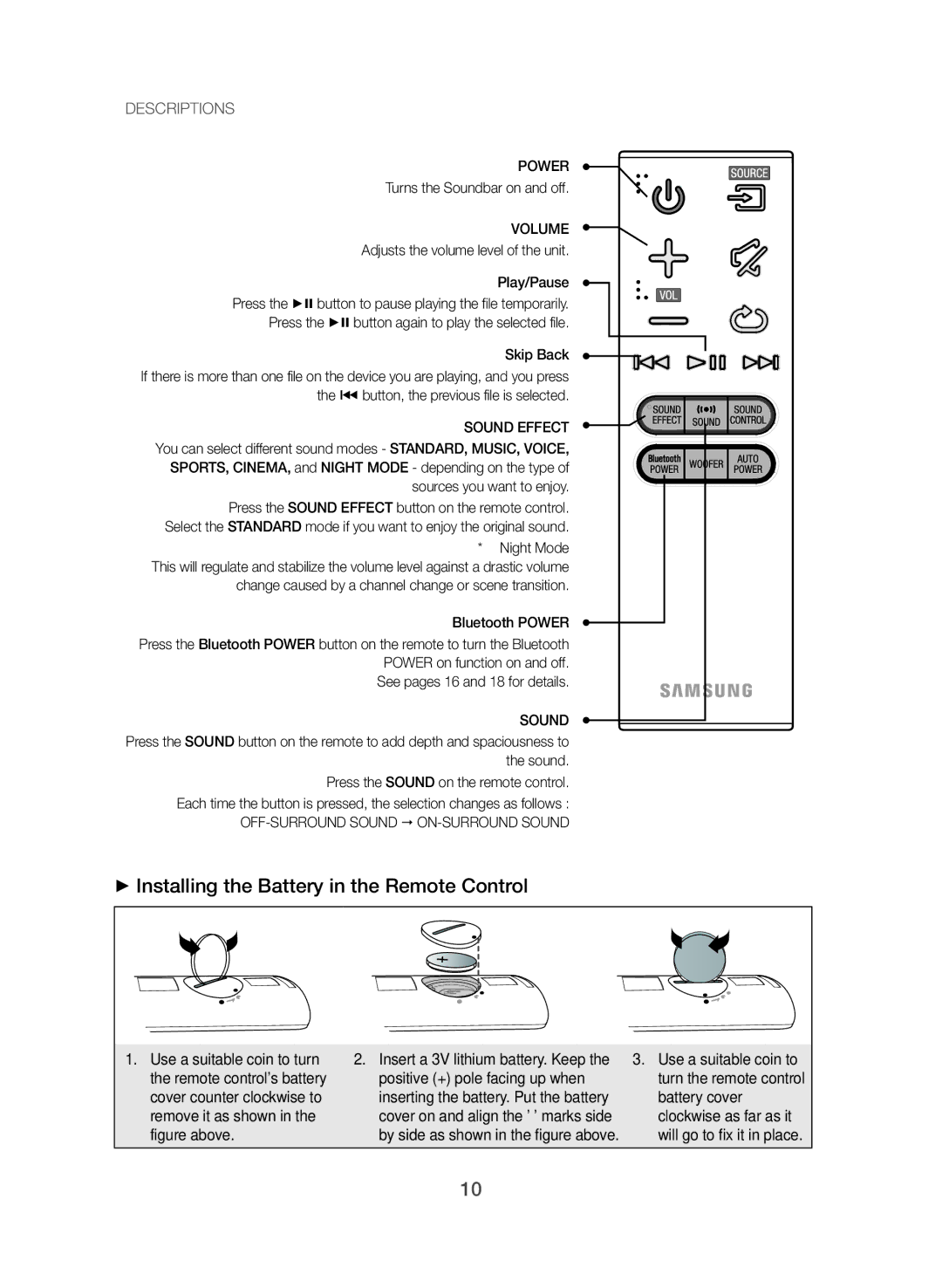 Samsung HW-J355/UM manual ++Installing the Battery in the Remote Control, Turns the Soundbar on and off 