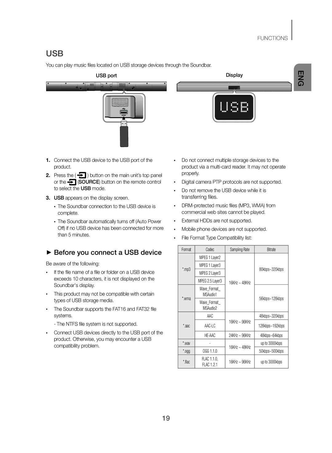 Samsung HW-J355/UM manual Usb, ++Before you connect a USB device, Connect the USB device to the USB port of the product 