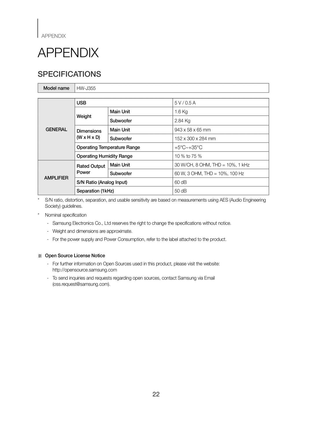 Samsung HW-J355/UM manual Appendix, Specifications, 0.5 a, Weight Main Unit 