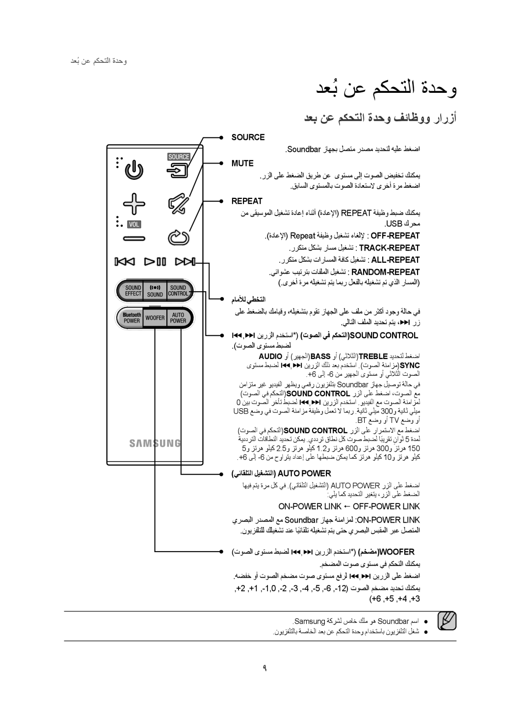 Samsung HW-J355/UM manual دعبُنع مكحتلا ةدحو, دعب نع مكحتلا ةدحو فئاظوو رارزأ, ماملأل يطختلا, يئاقلتلا ليغشتلا Auto Power 