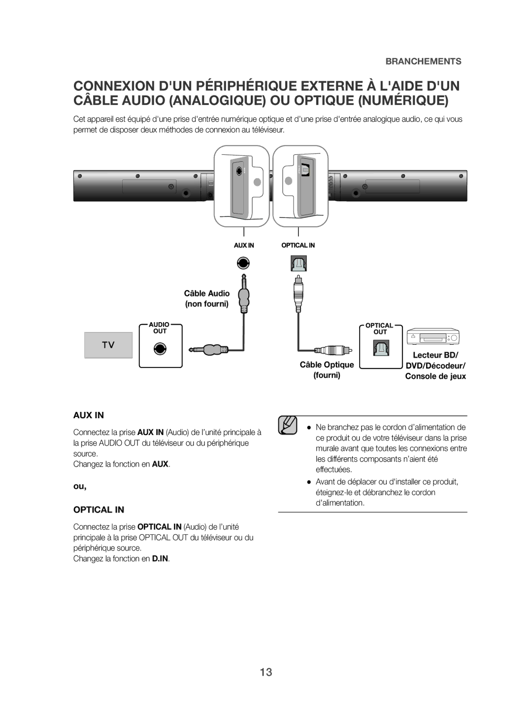 Samsung HW-J355/ZF manual Aux, Câble Audio non fourni Lecteur BD 