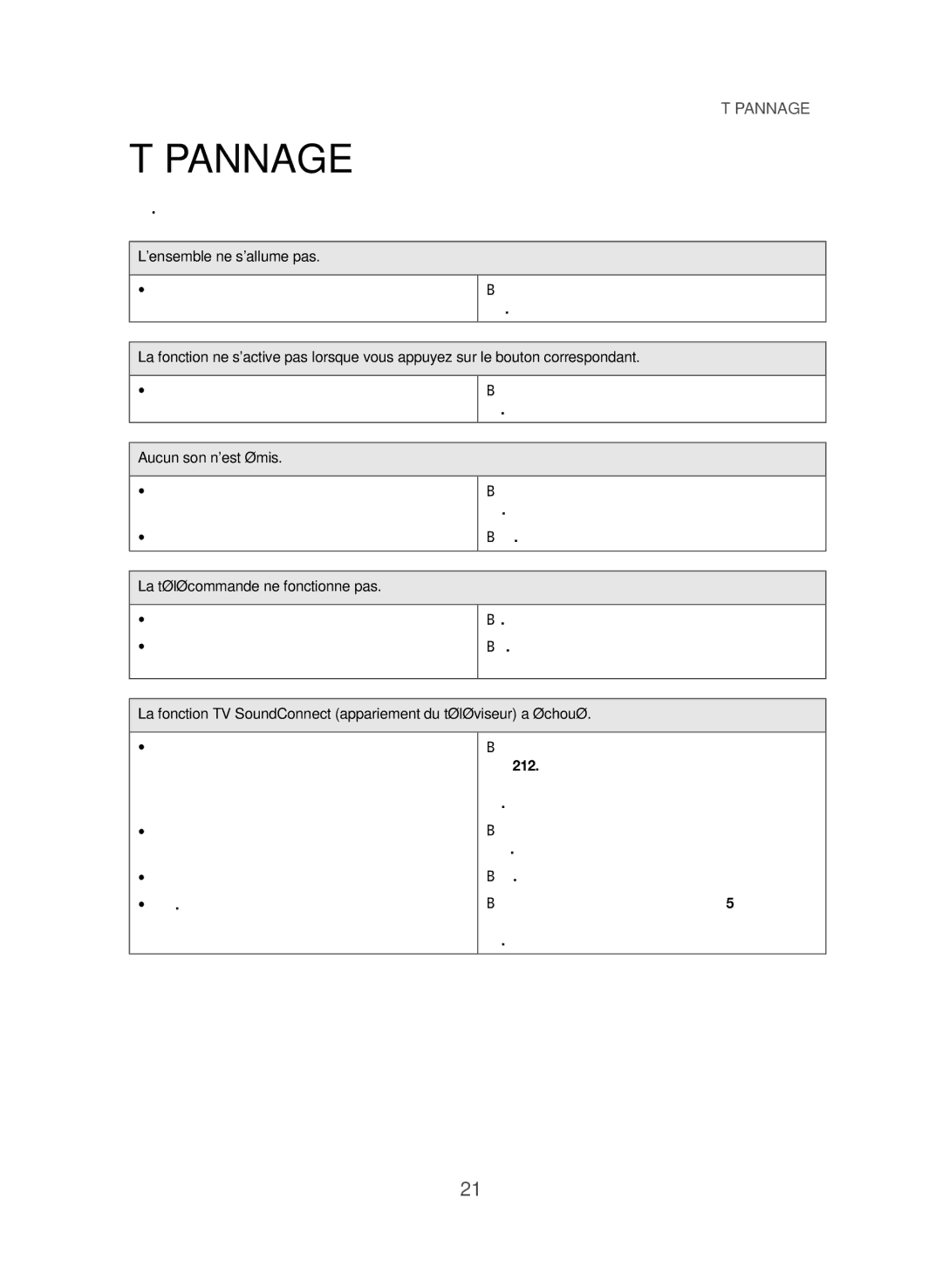 Samsung HW-J355/ZF manual Tépannage, Lensemble ne sallume pas, Aucun son nest émis, La télécommande ne fonctionne pas 