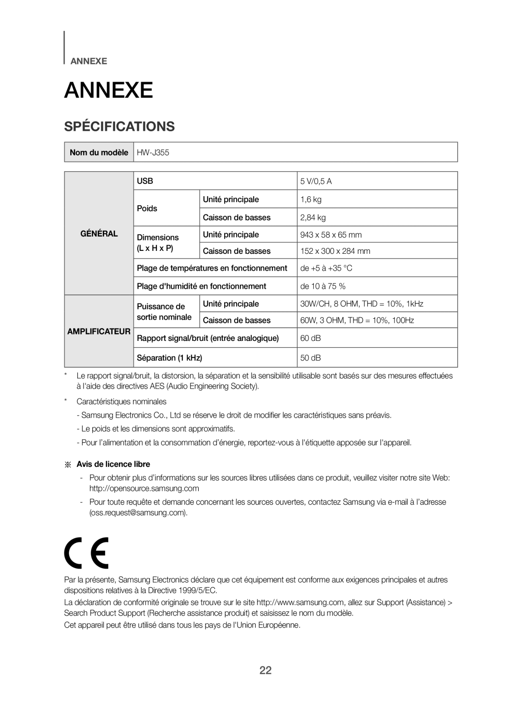 Samsung HW-J355/ZF manual Annexe, Spécifications, Nom du modèle, Aa Avis de licence libre 