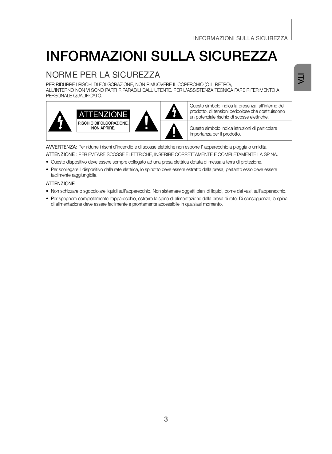 Samsung HW-J355/ZF manual Informazioni Sulla Sicurezza, Norme PER LA Sicurezza, Un potenziale rischio di scosse elettriche 