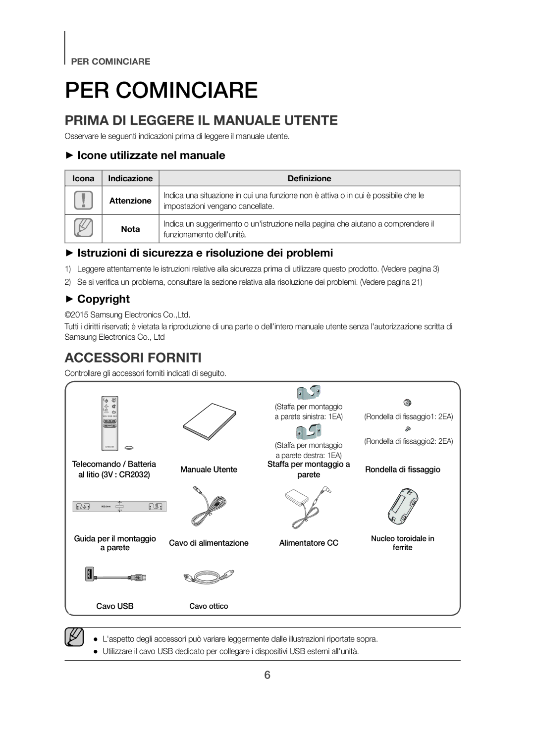 Samsung HW-J355/ZF PER Cominciare, Prima DI Leggere IL Manuale Utente, Accessori Forniti, ++Icone utilizzate nel manuale 