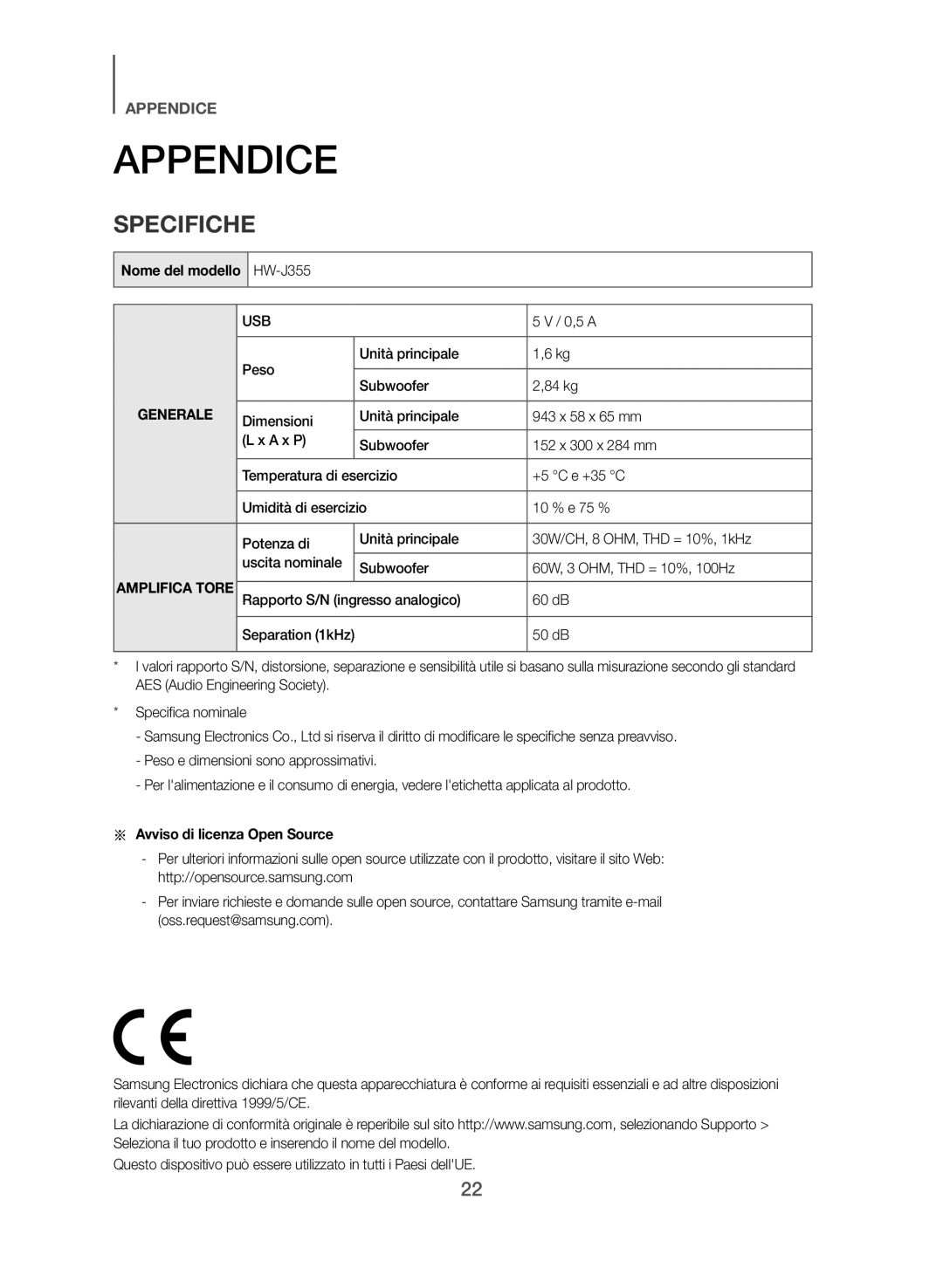 Samsung HW-J355/ZF manual Appendice, Specifiche, Nome del modello, Peso Unità principale, Aa Avviso di licenza Open Source 