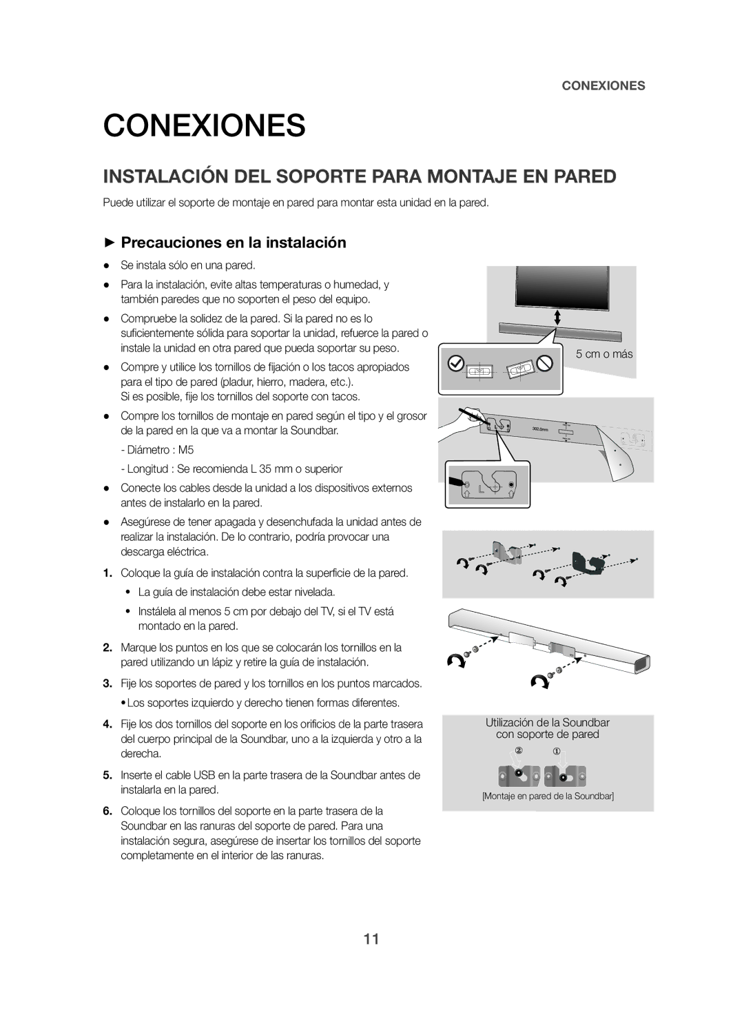 Samsung HW-J355/ZF manual Conexiones, Instalación DEL Soporte Para Montaje EN Pared, ++Precauciones en la instalación 