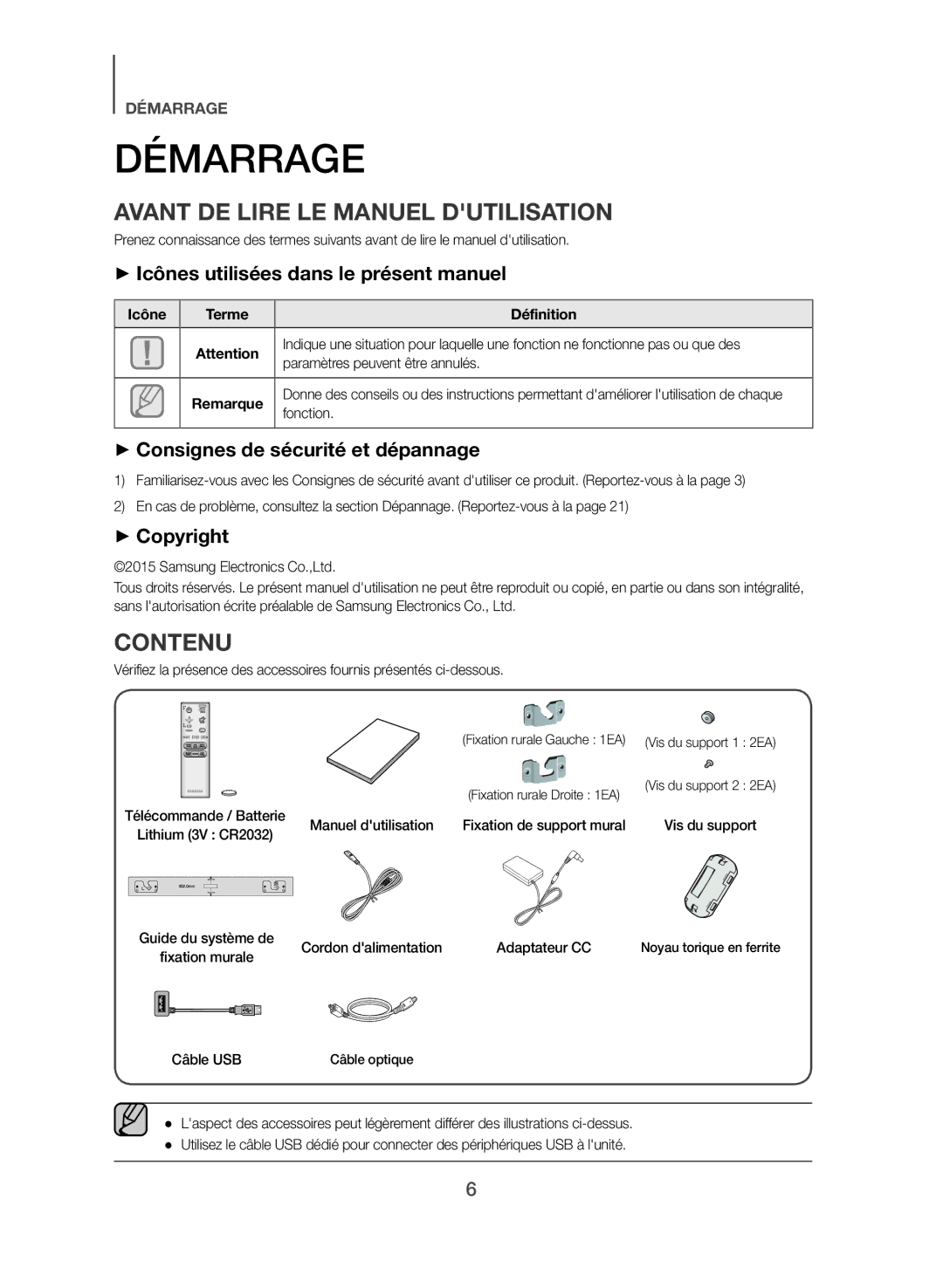 Samsung HW-J355/ZF manual Démarrage, Avant DE Lire LE Manuel Dutilisation, Contenu 