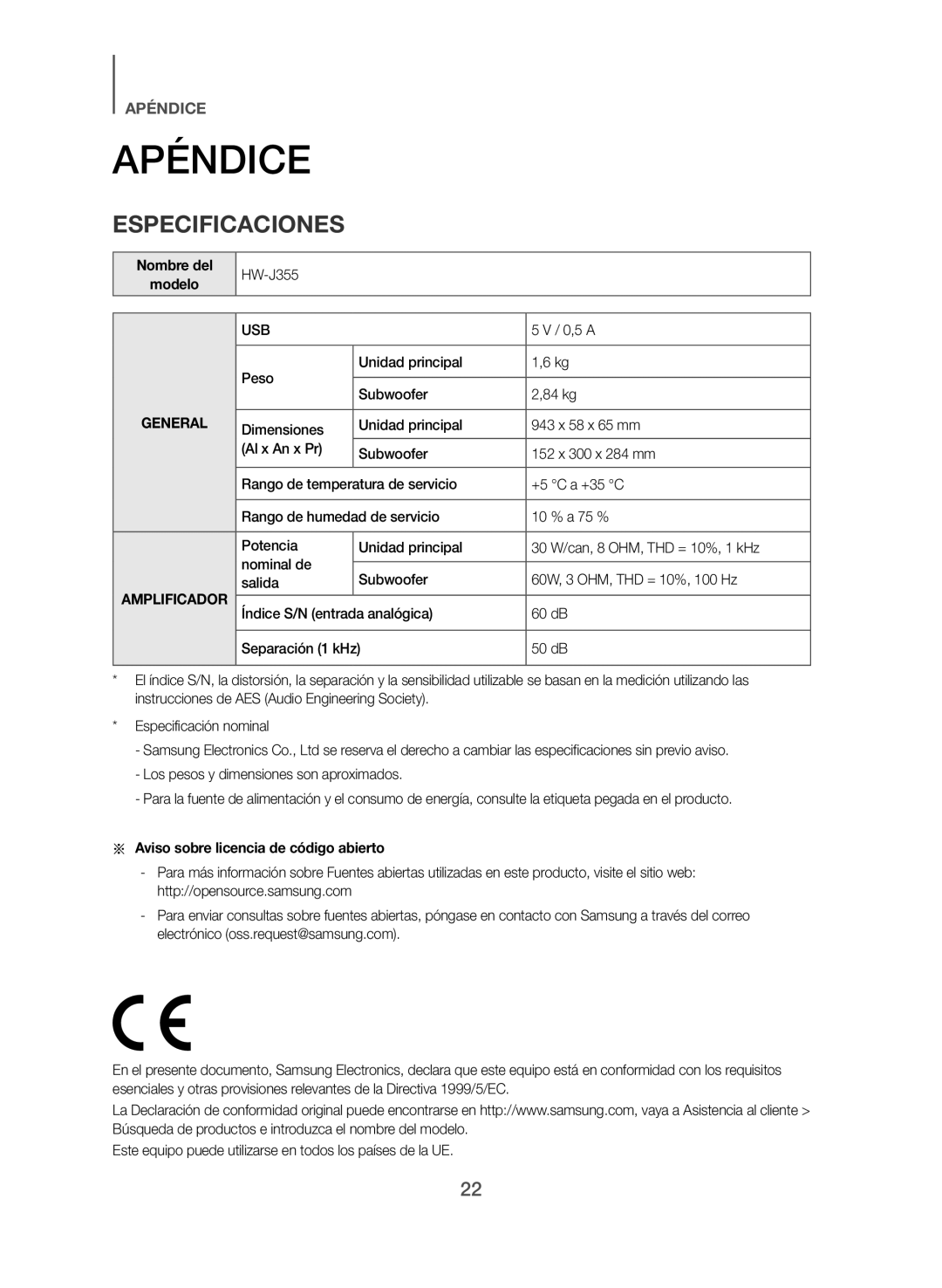 Samsung HW-J355/ZF manual Apéndice, Especificaciones, Nombre del Modelo, Peso Unidad principal 