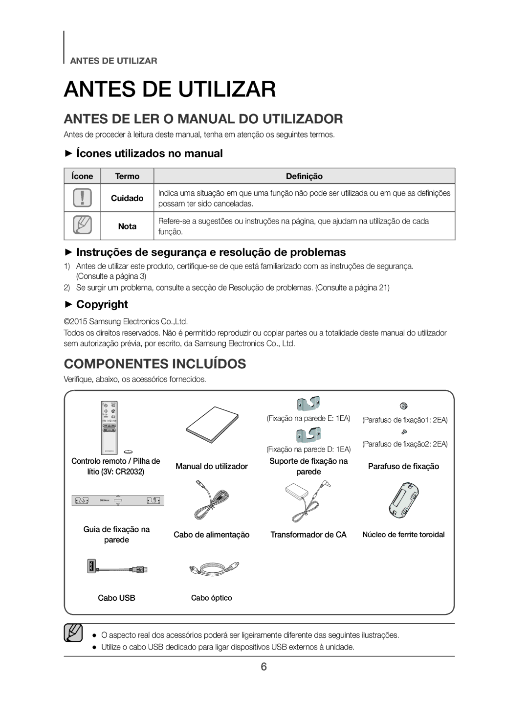 Samsung HW-J355/ZF manual Antes DE Utilizar, Antes DE LER O Manual do Utilizador, Componentes Incluídos 