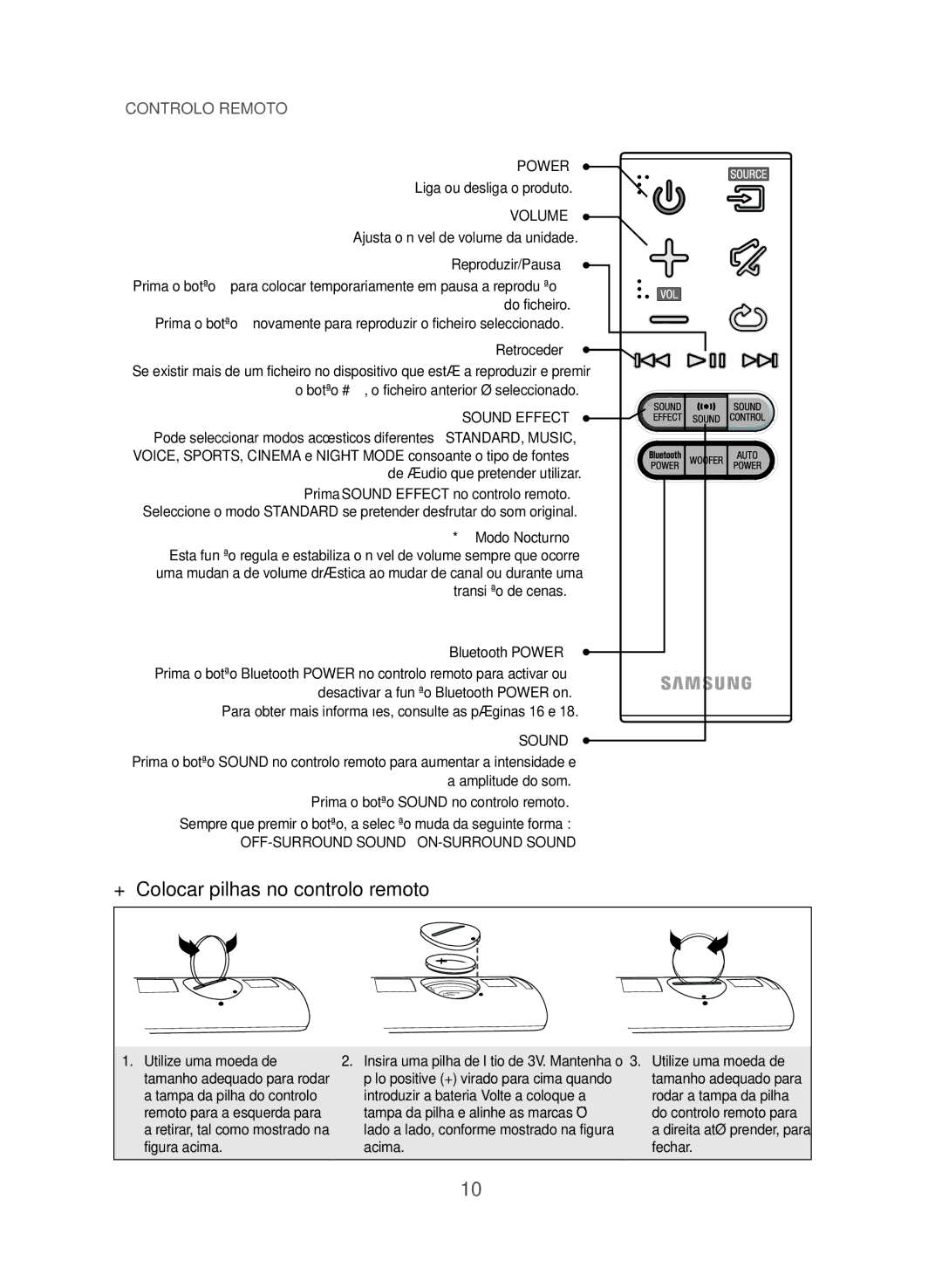 Samsung HW-J355/ZF ++Colocar pilhas no controlo remoto, Liga ou desliga o produto, Ajusta o nível de volume da unidade 