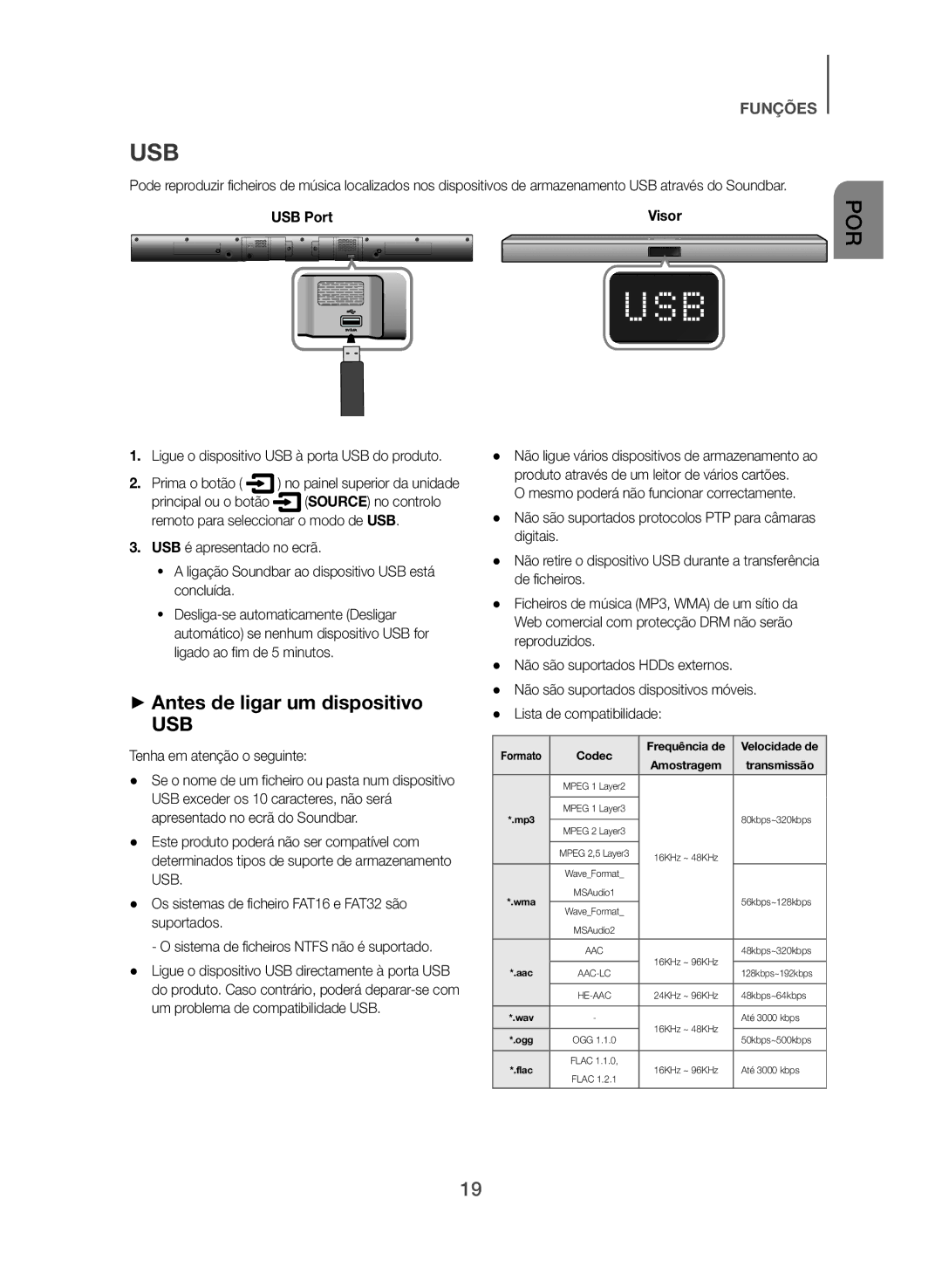 Samsung HW-J355/ZF manual ++Antes de ligar um dispositivo, USB Port 