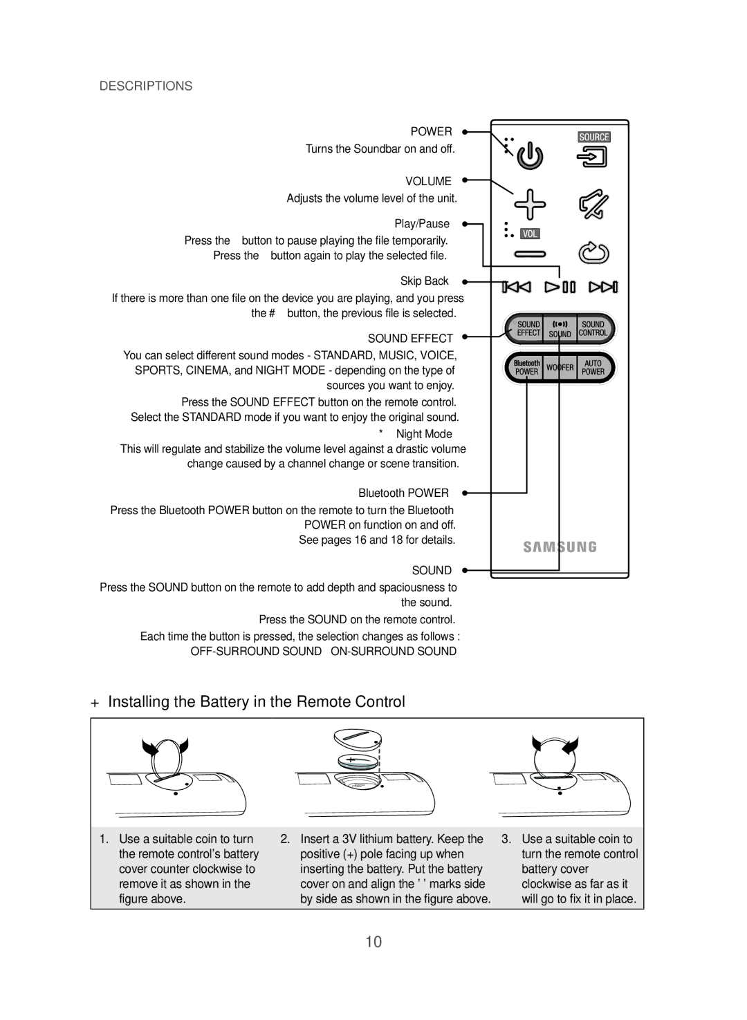 Samsung HW-J365/XE manual ++Installing the Battery in the Remote Control, Turns the Soundbar on and off 