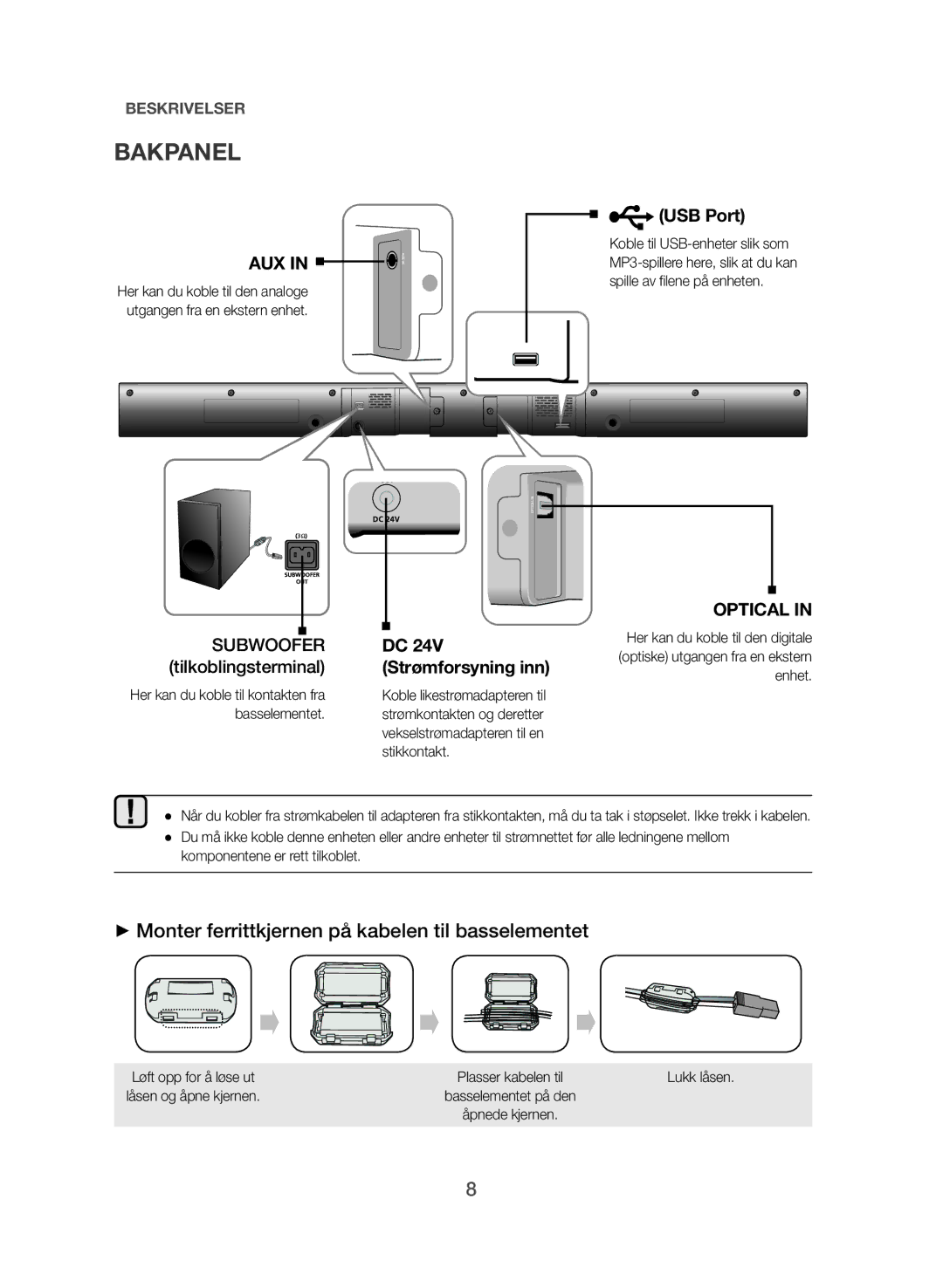 Samsung HW-J365/XE manual Bakpanel, ++Monter ferrittkjernen på kabelen til basselementet, Enhet 