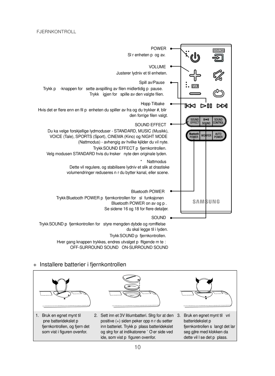 Samsung HW-J365/XE manual ++Installere batterier i fjernkontrollen, Spill av/Pause, Hopp Tilbake 