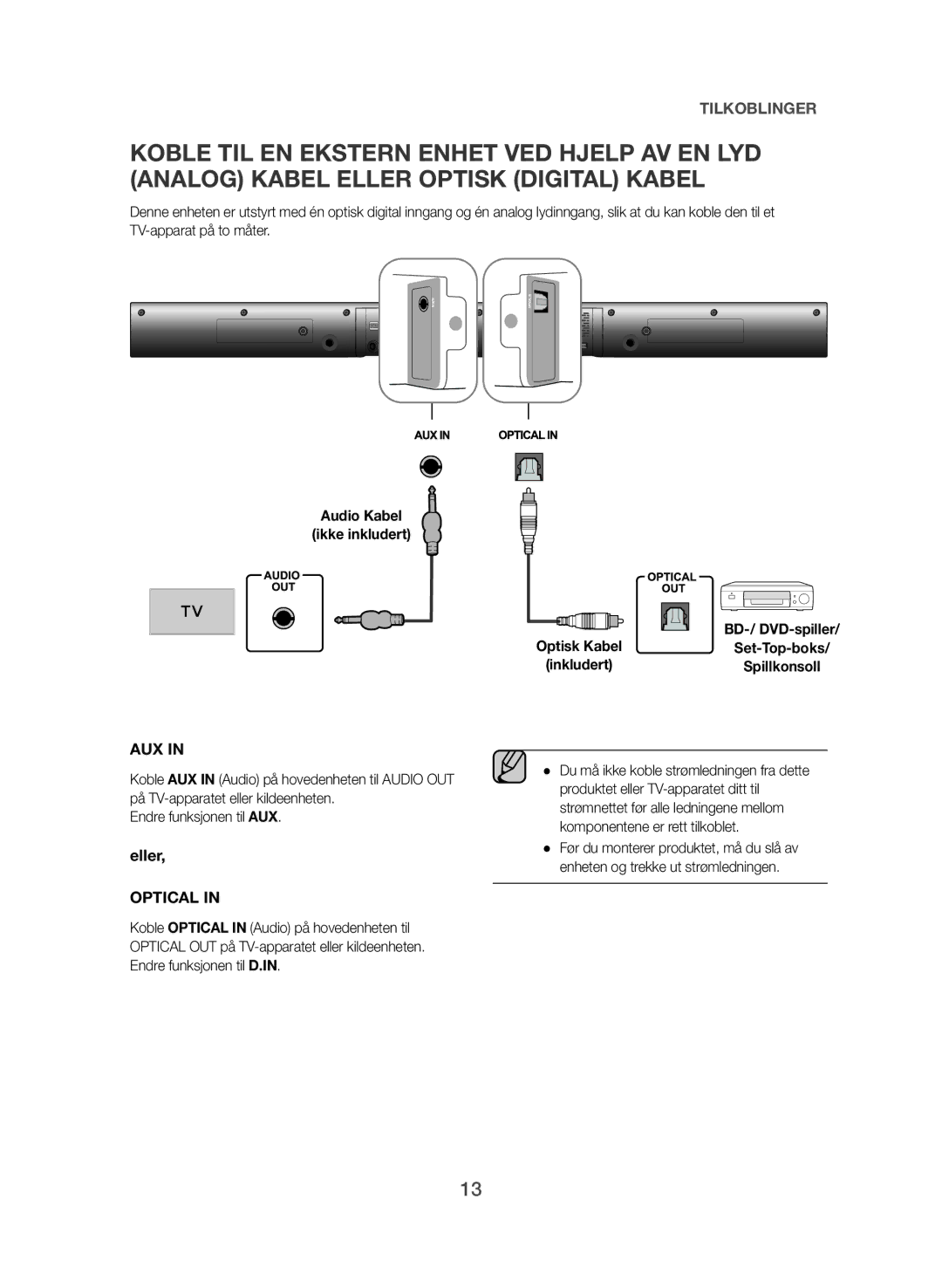 Samsung HW-J365/XE manual Audio Kabel Ikke inkludert 