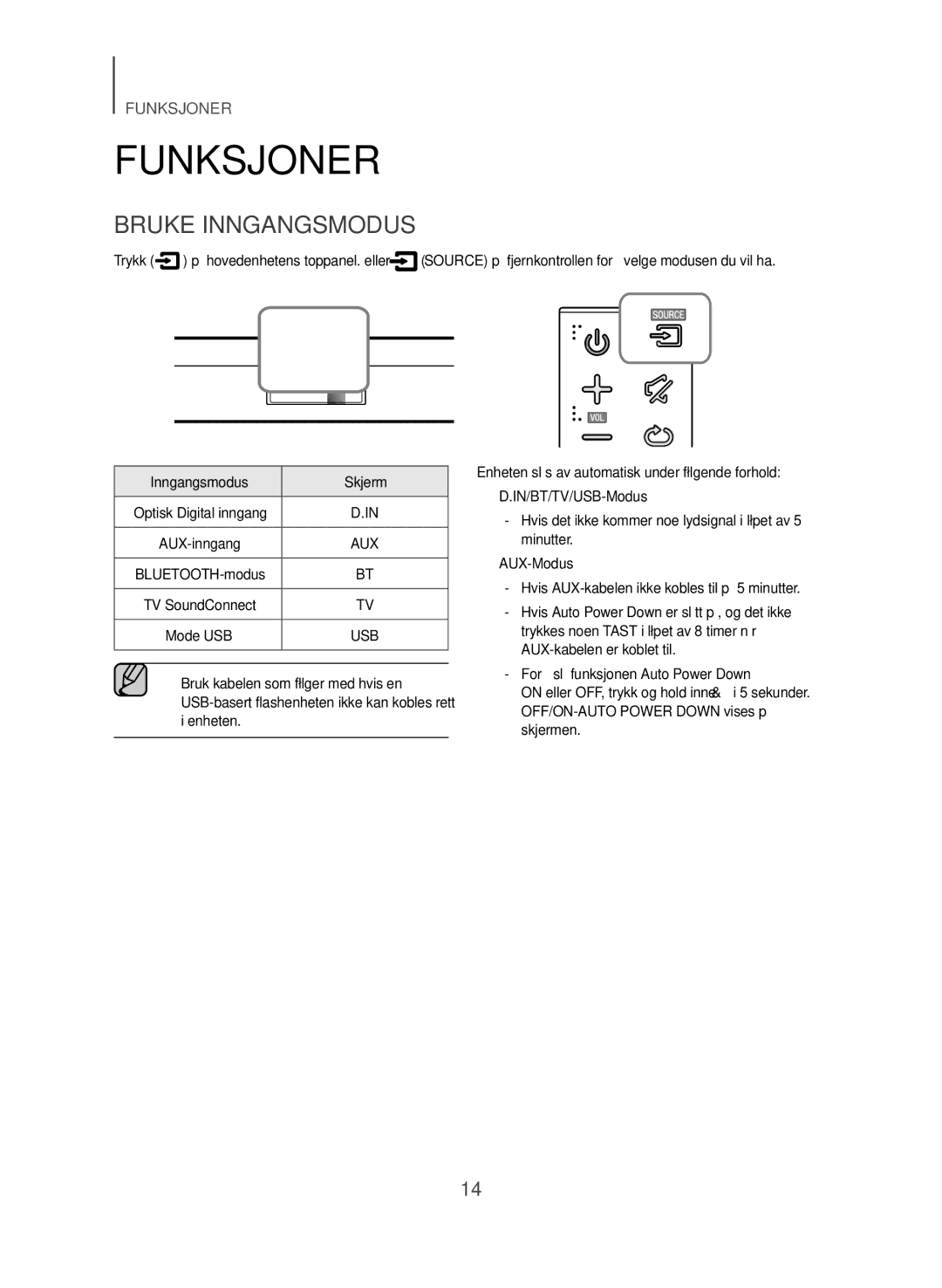 Samsung HW-J365/XE manual Funksjoner, Bruke Inngangsmodus, Inngangsmodus Skjerm 