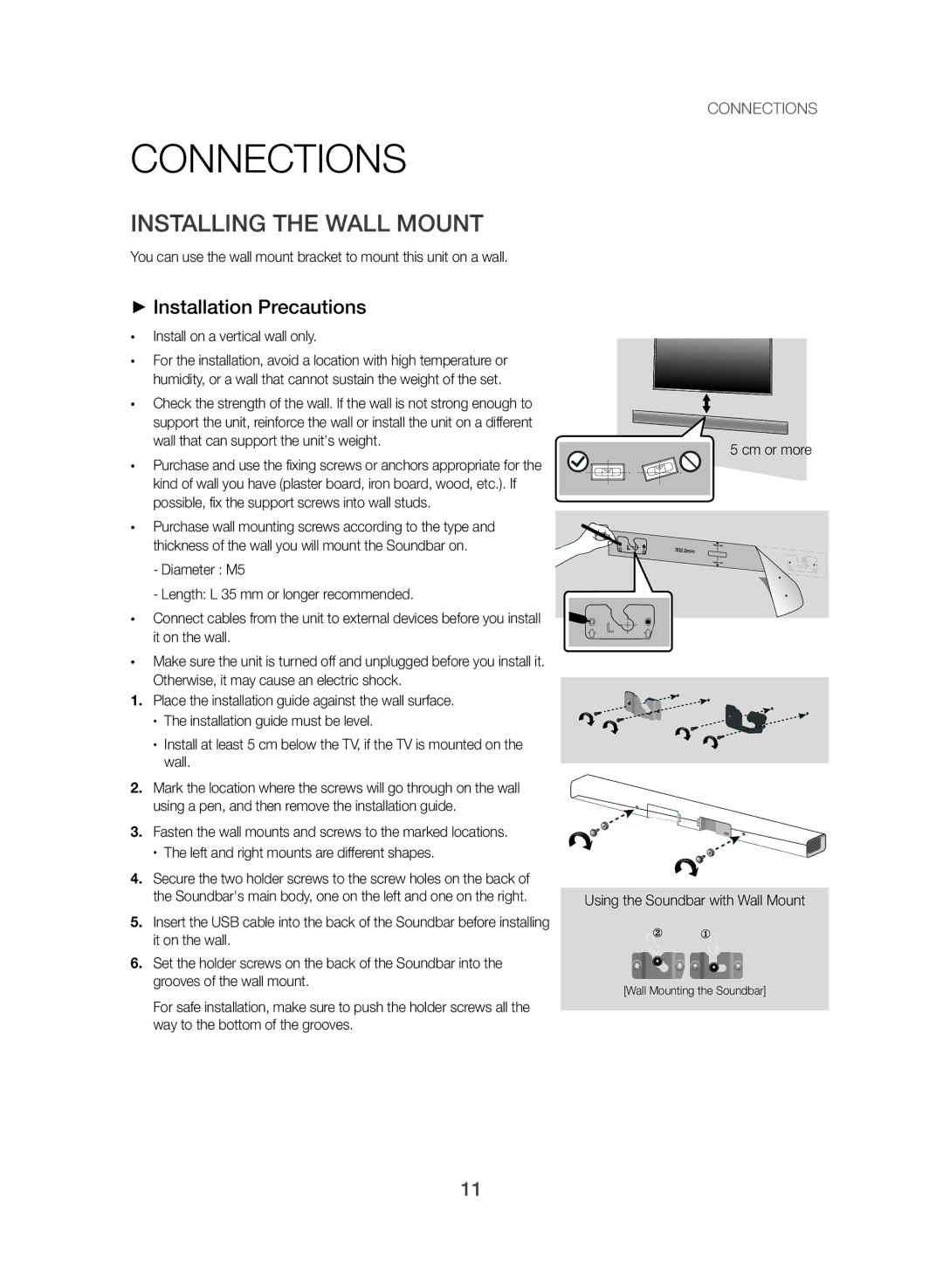 Samsung HW-J365/XE Connections, Installing the Wall Mount, ++Installation Precautions, Install on a vertical wall only 