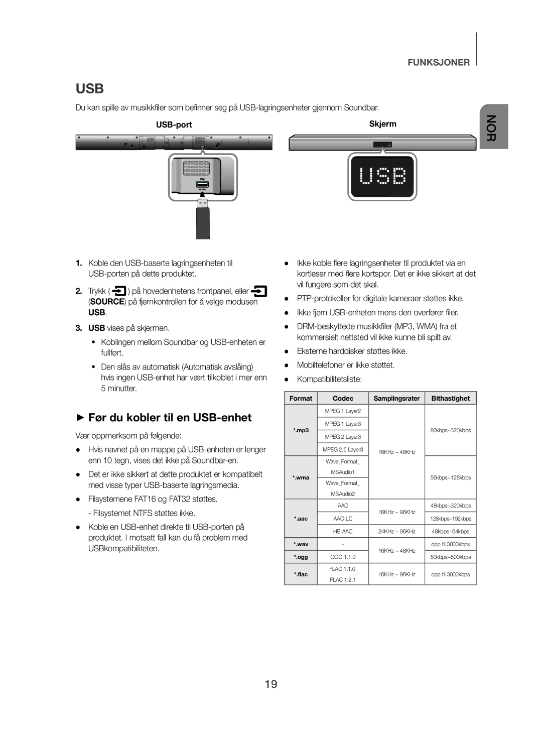 Samsung HW-J365/XE manual ++Før du kobler til en USB-enhet, Vær oppmerksom på følgende, Kompatibilitetsliste 