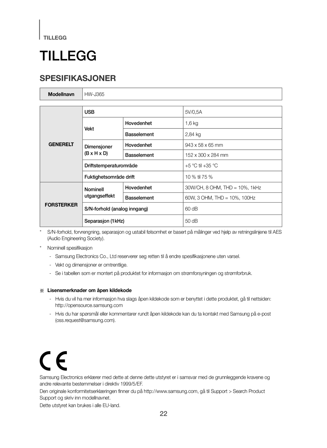 Samsung HW-J365/XE manual Tillegg, Spesifikasjoner, Modellnavn, Vekt Hovedenhet, Aa Lisensmerknader om åpen kildekode 