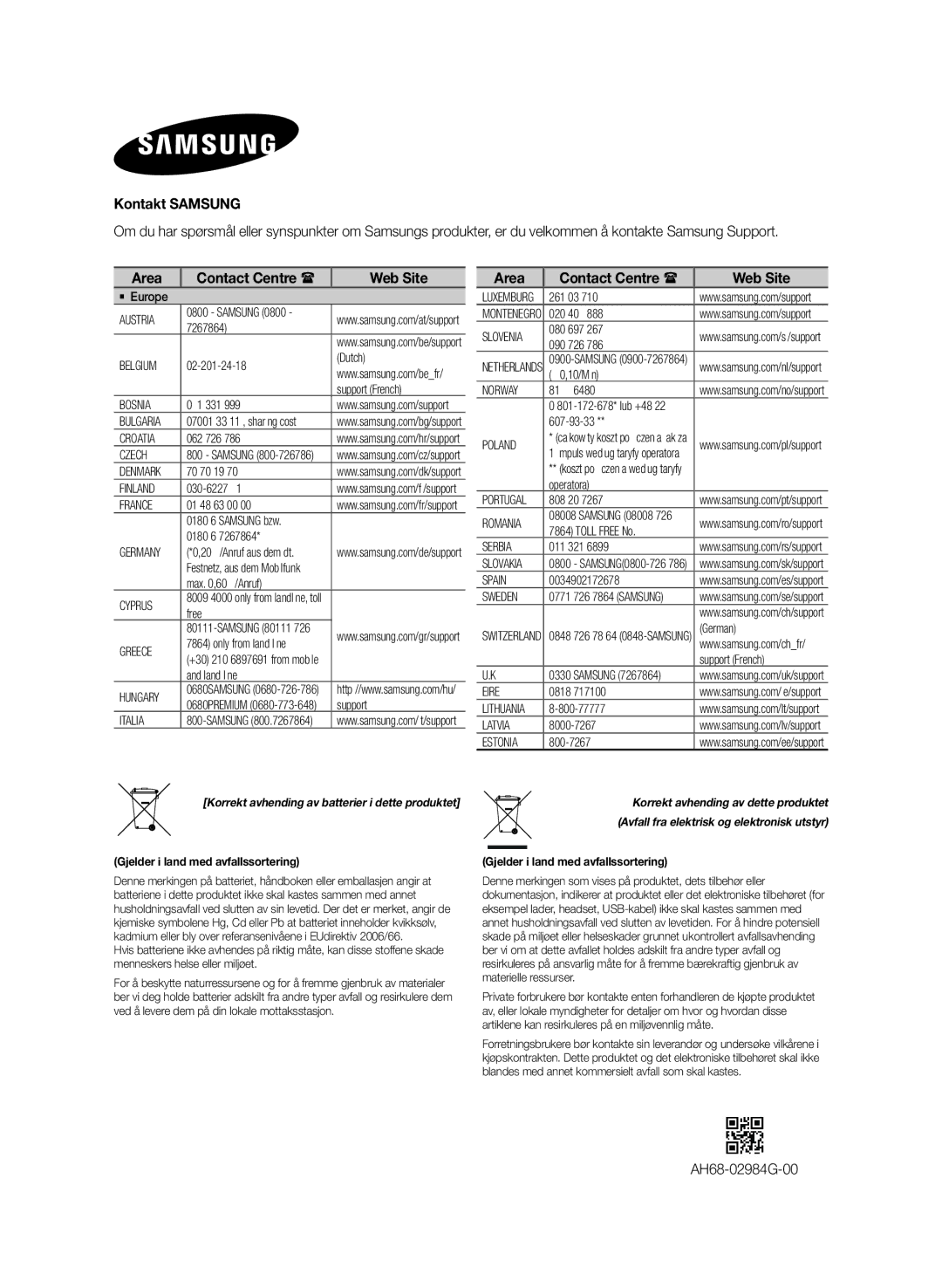 Samsung HW-J365/XE manual AH68-02984G-00, Korrekt avhending av batterier i dette produktet 