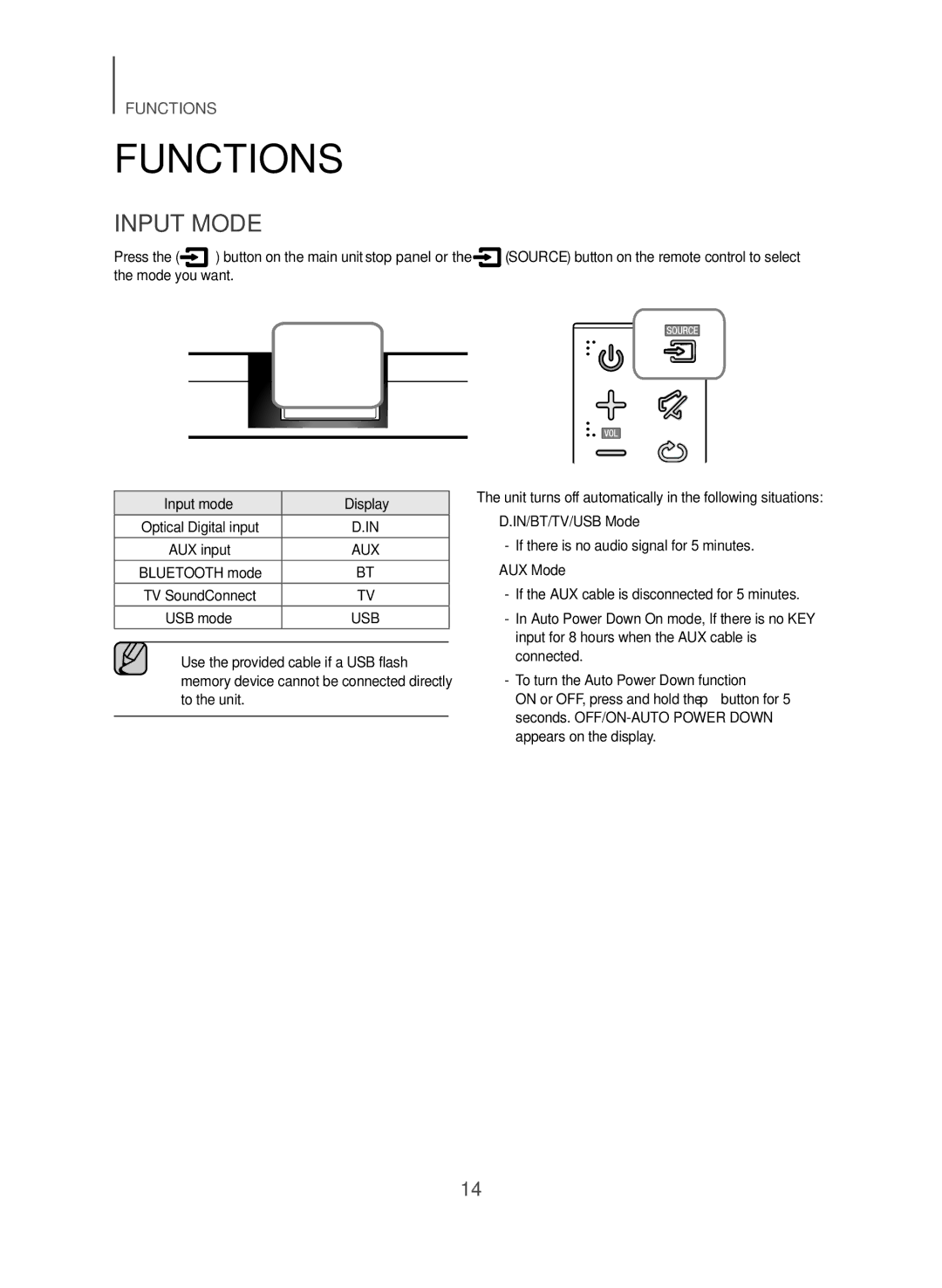 Samsung HW-J365/XE manual Functions, Input Mode, Press, Mode you want Input mode Display 