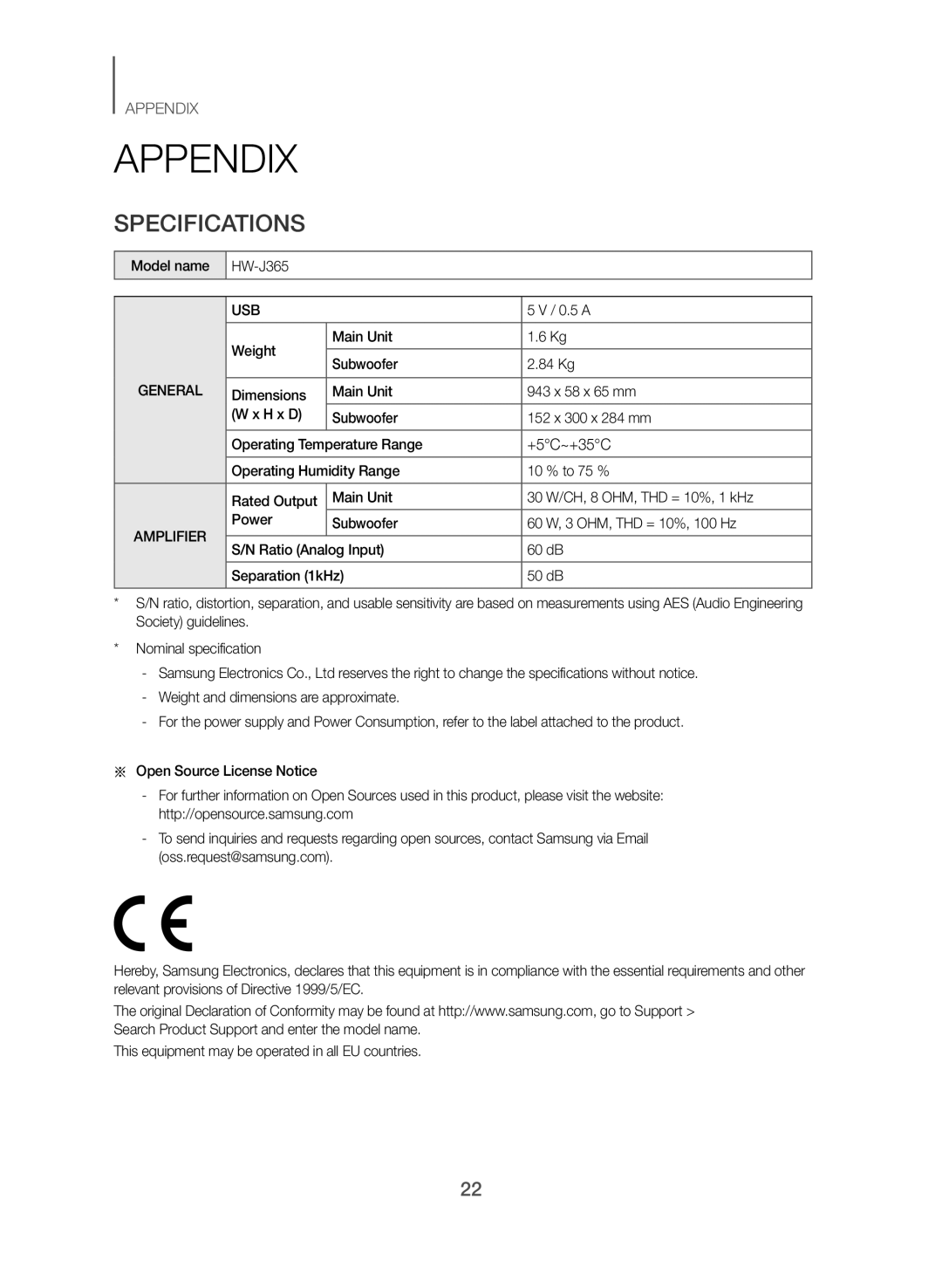 Samsung HW-J365/XE manual Appendix, Specifications, 0.5 a, Weight Main Unit 