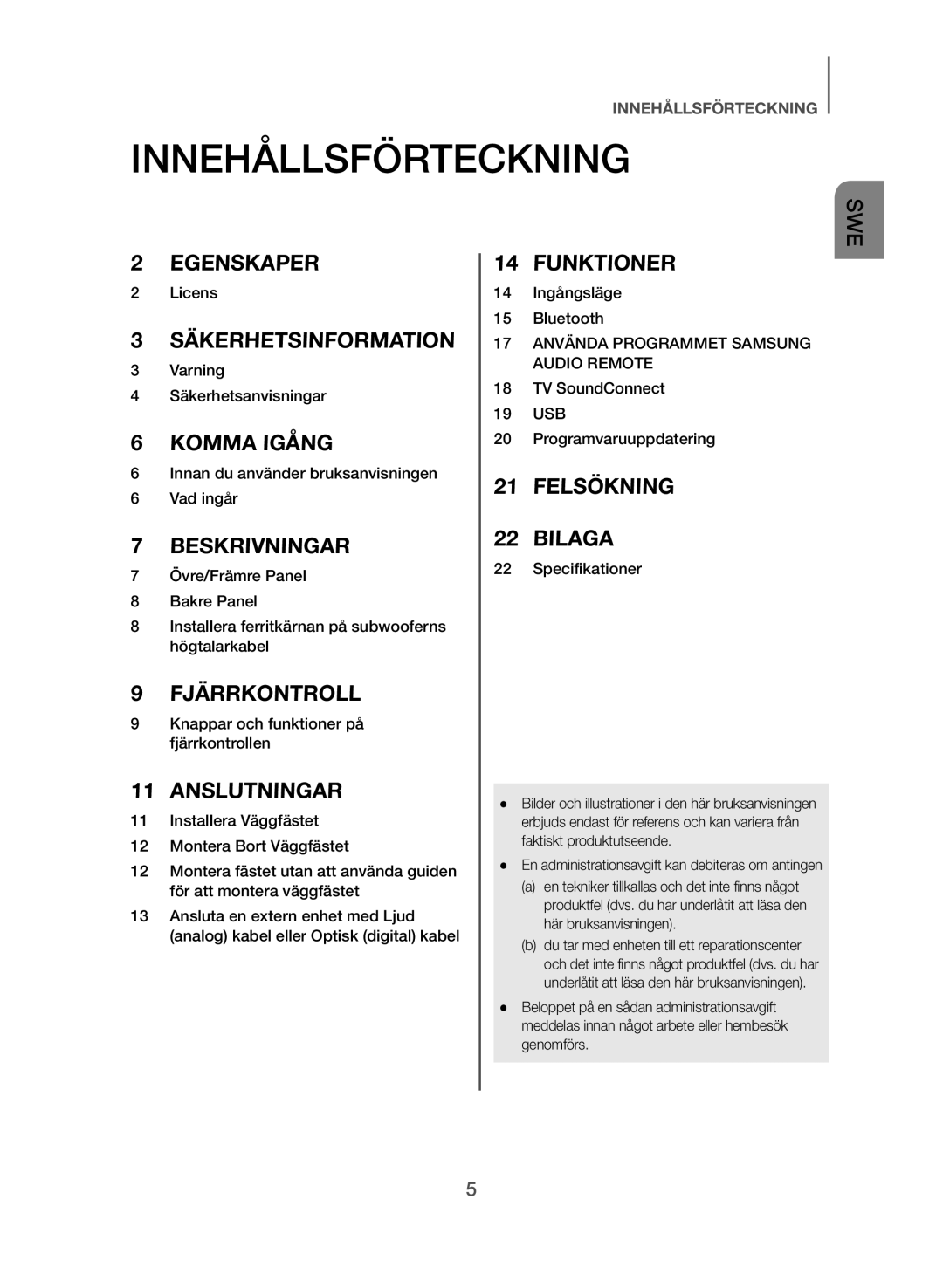 Samsung HW-J365/XE manual Innehållsförteckning, Anslutningar 