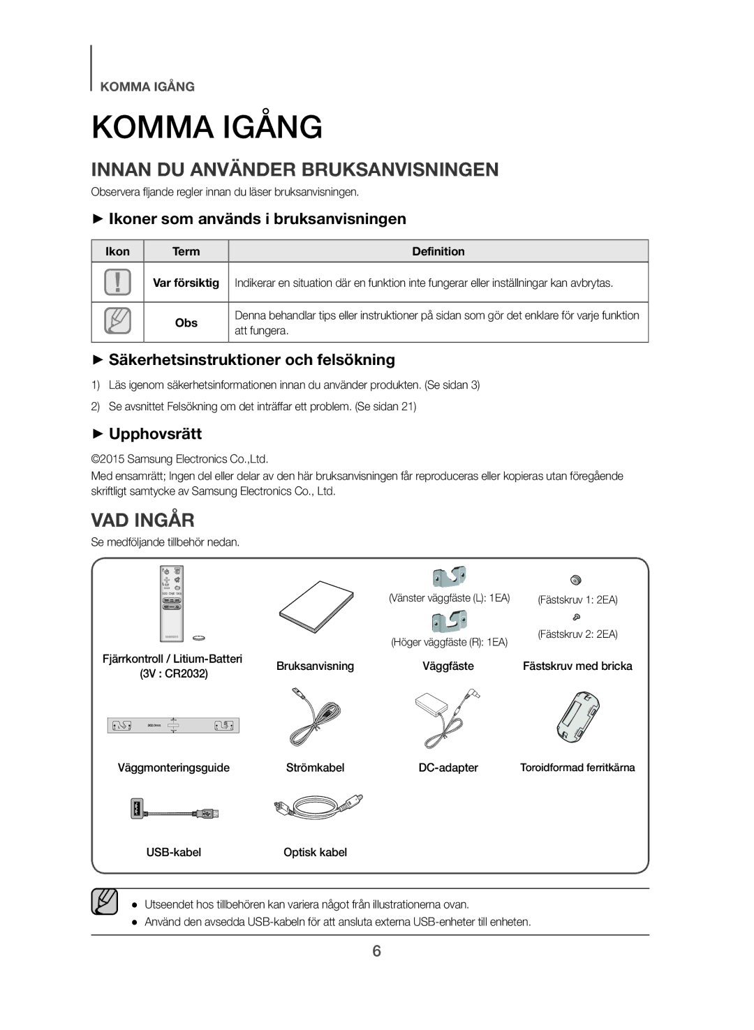 Samsung HW-J365/XE manual Komma Igång, Innan DU Använder Bruksanvisningen, VAD Ingår 