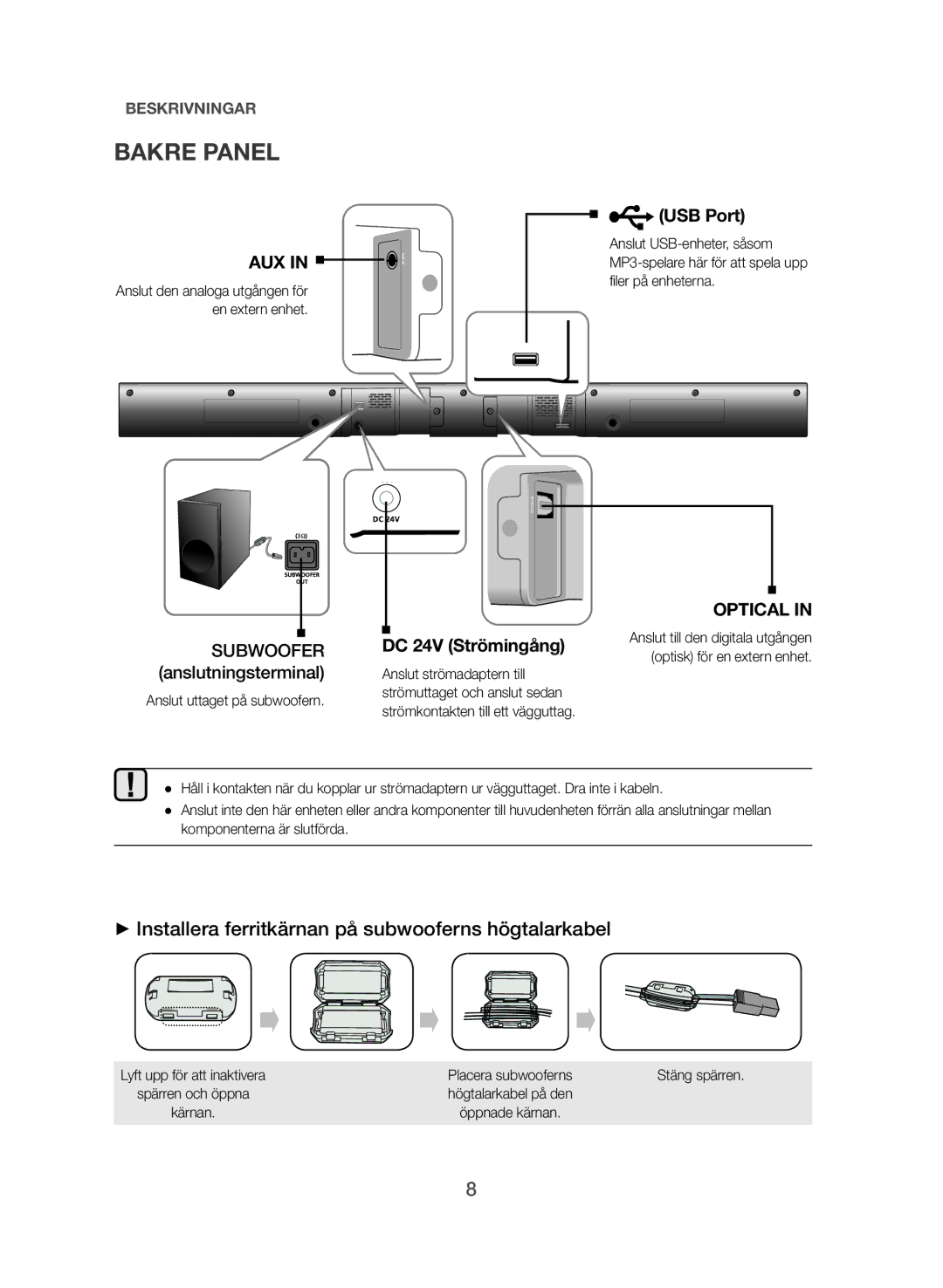 Samsung HW-J365/XE manual Bakre Panel, ++Installera ferritkärnan på subwooferns högtalarkabel, Anslut uttaget på subwoofern 