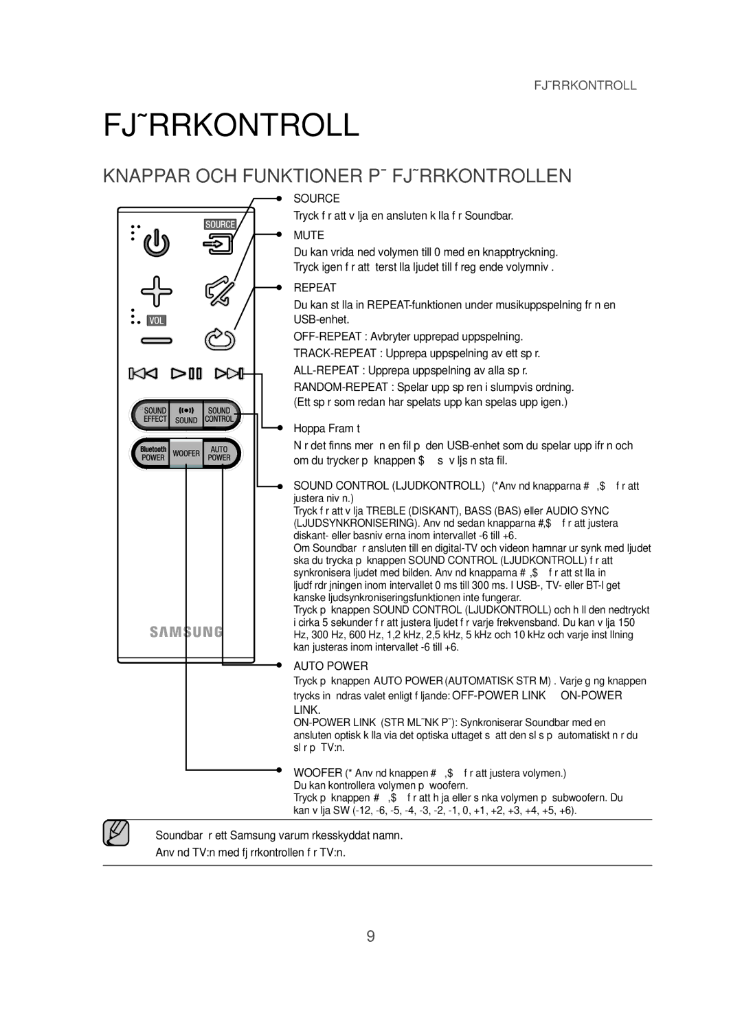 Samsung HW-J365/XE manual Knappar OCH Funktioner PÅ Fjärrkontrollen, Tryck för att välja en ansluten källa för Soundbar 