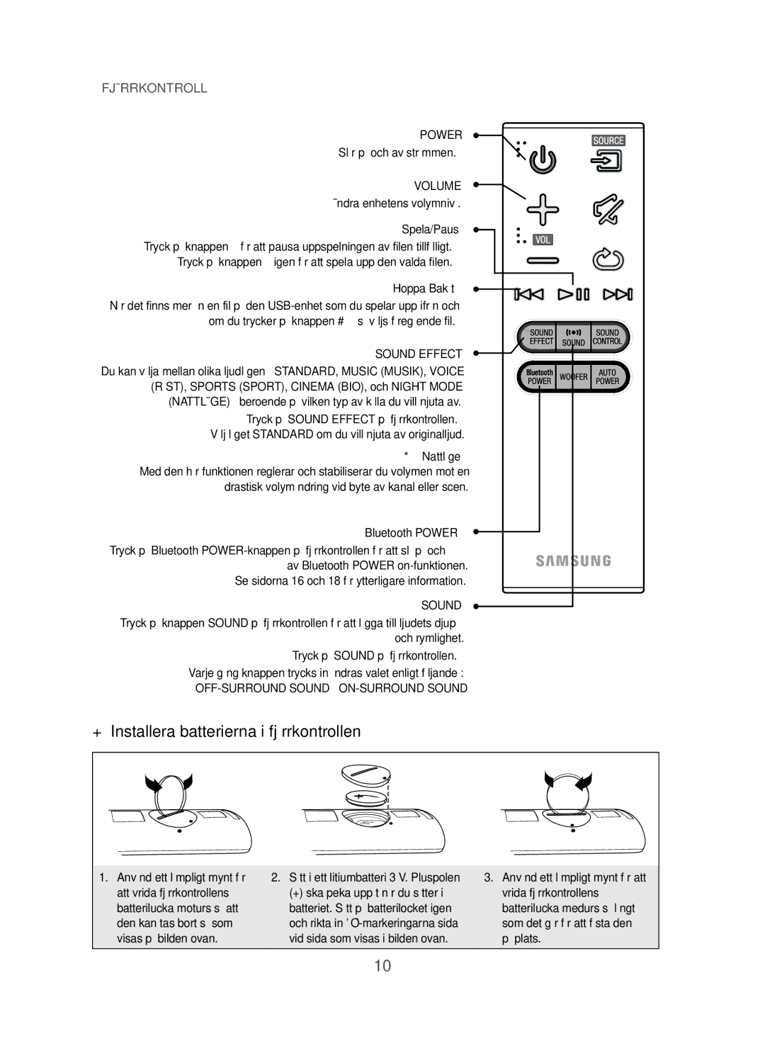 Samsung HW-J365/XE manual ++Installera batterierna i fjärrkontrollen, Ändra enhetens volymnivå, Spela/Paus, Hoppa Bakåt 