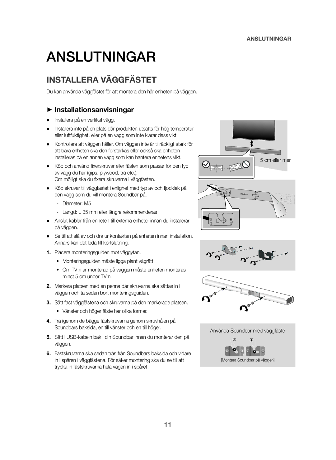 Samsung HW-J365/XE manual Anslutningar, Installera Väggfästet, ++Installationsanvisningar, Installera på en vertikal vägg 