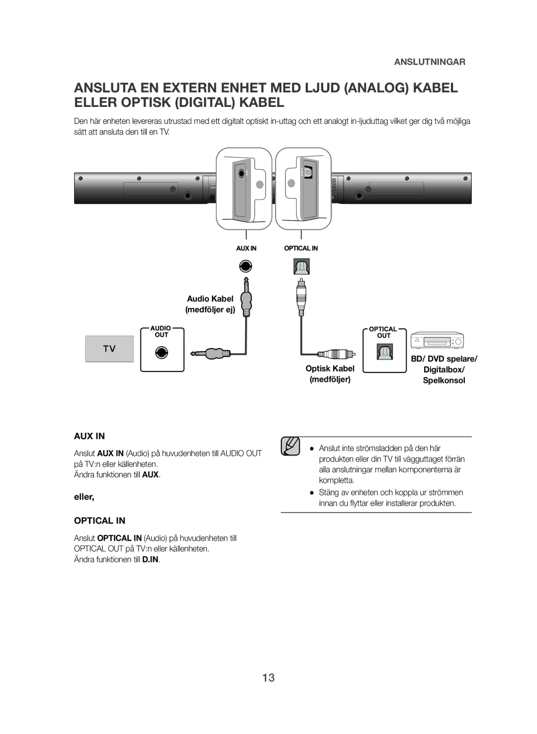 Samsung HW-J365/XE manual Aux, Audio Kabel medföljer ej 