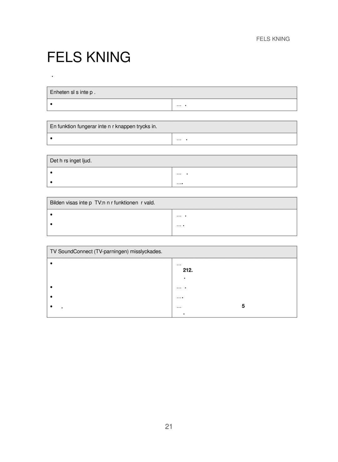 Samsung HW-J365/XE Felsökning, Enheten slås inte på, Det hörs inget ljud, Bilden visas inte på TVn när funktionen är vald 