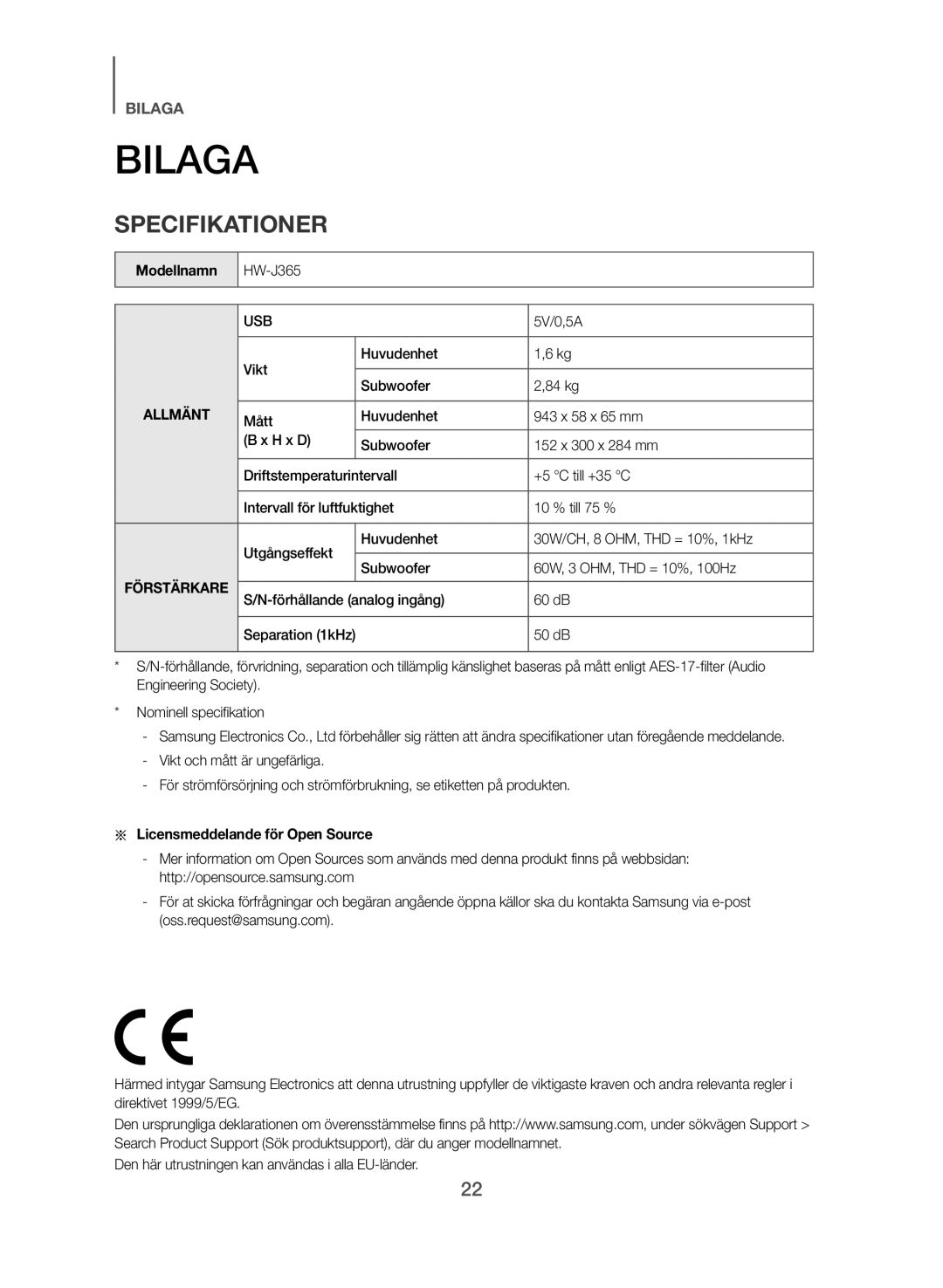 Samsung HW-J365/XE manual Bilaga, Specifikationer, Modellnamn, Aa Licensmeddelande för Open Source 