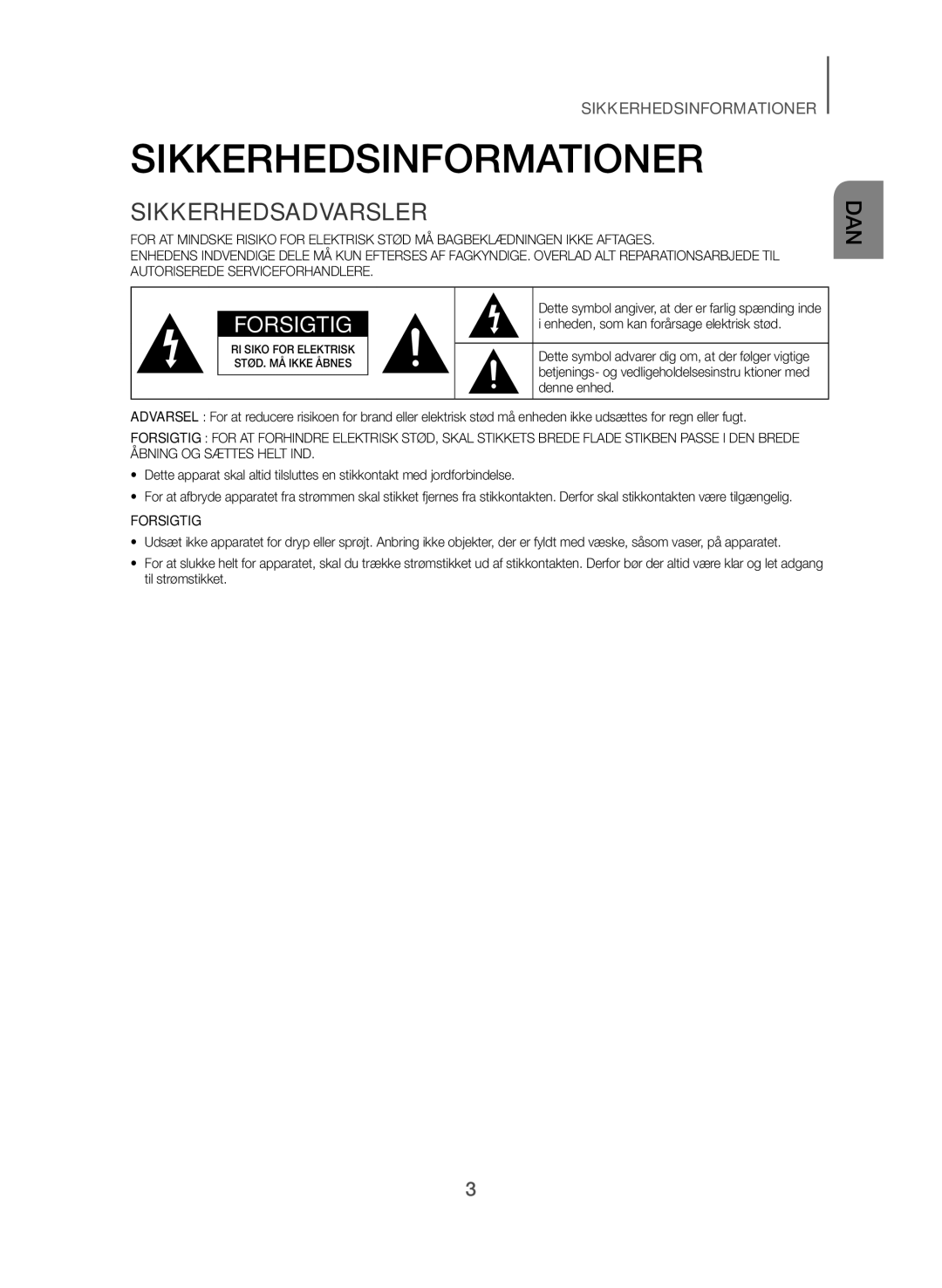 Samsung HW-J365/XE manual Sikkerhedsinformationer, Sikkerhedsadvarsler 