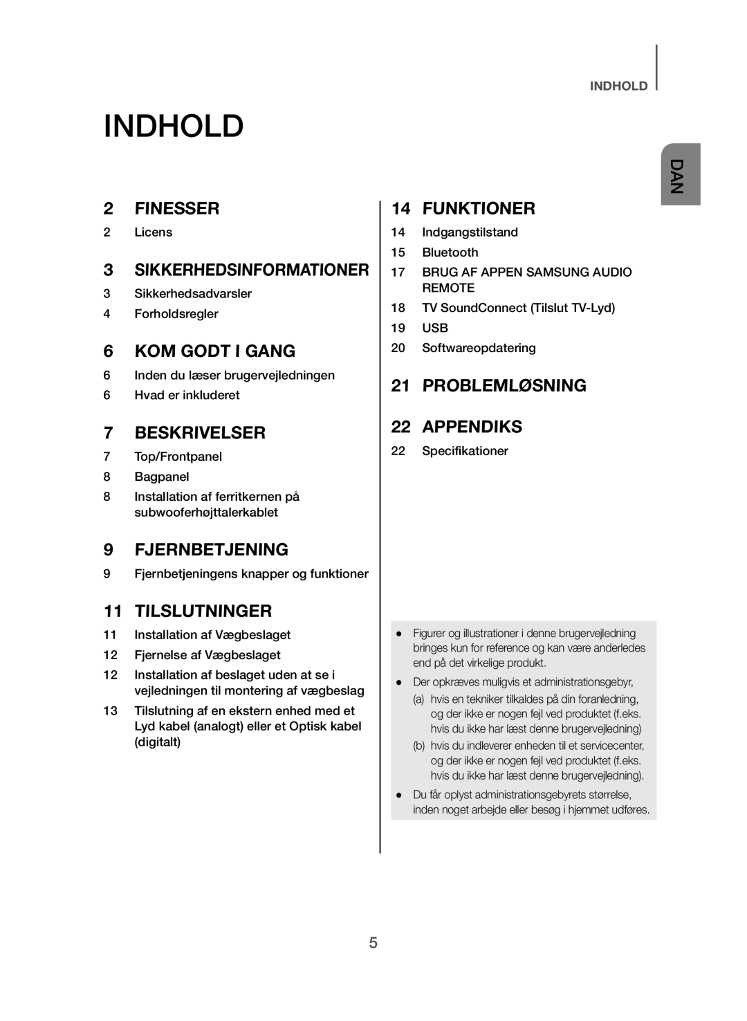 Samsung HW-J365/XE manual Indhold, Der opkræves muligvis et administrationsgebyr 