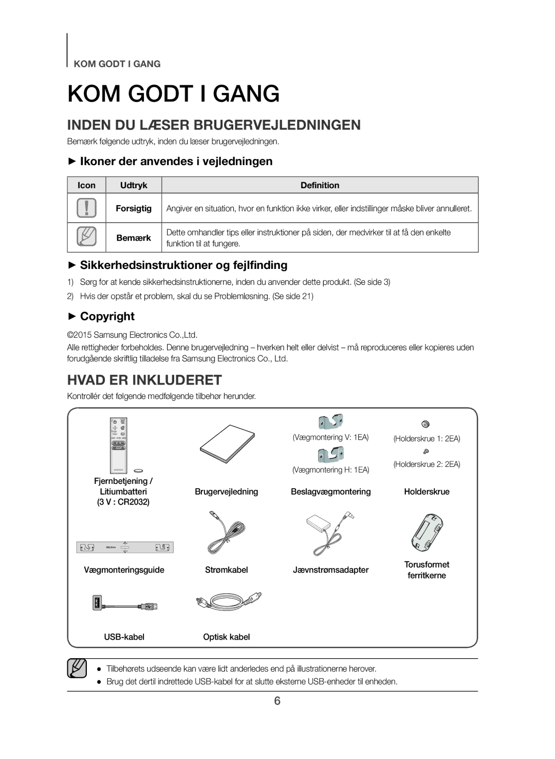 Samsung HW-J365/XE manual KOM Godt I Gang, Inden DU Læser Brugervejledningen, Hvad ER Inkluderet 