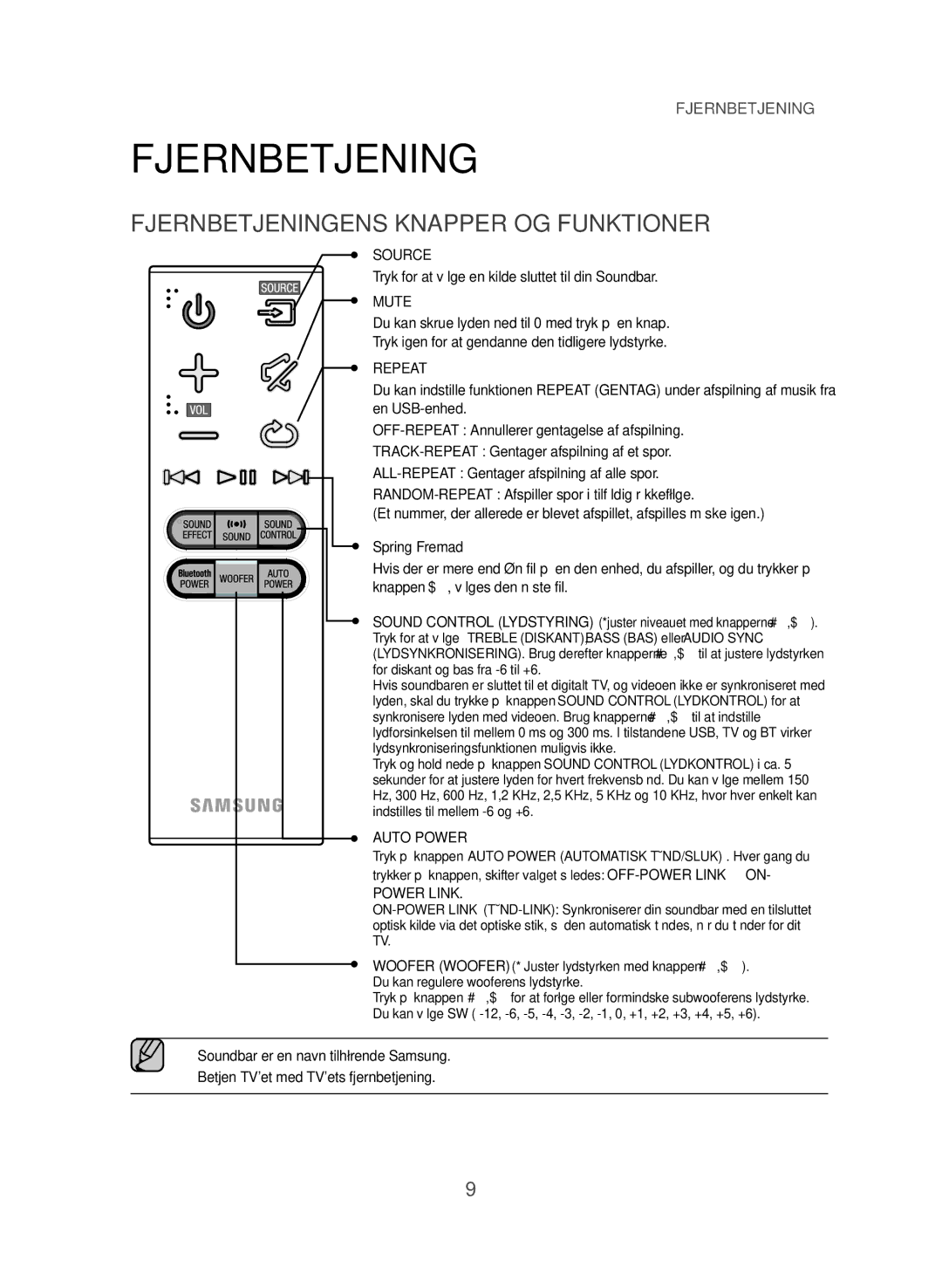 Samsung HW-J365/XE manual Fjernbetjeningens Knapper OG Funktioner, Tryk for at vælge en kilde sluttet til din Soundbar 