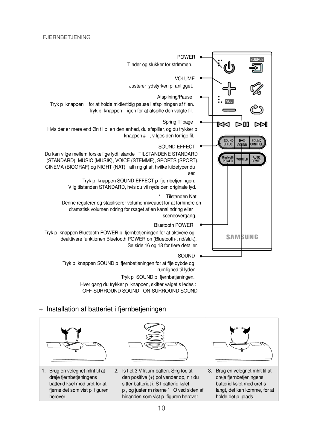 Samsung HW-J365/XE manual ++Installation af batteriet i fjernbetjeningen, Afspilning/Pause, Spring Tilbage 