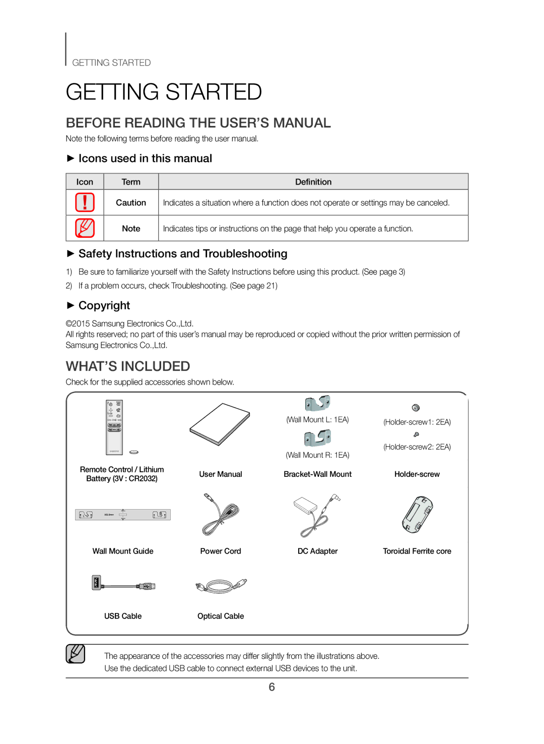 Samsung HW-J365/XE manual Getting Started, Before Reading the USER’S Manual, WHAT’S Included 