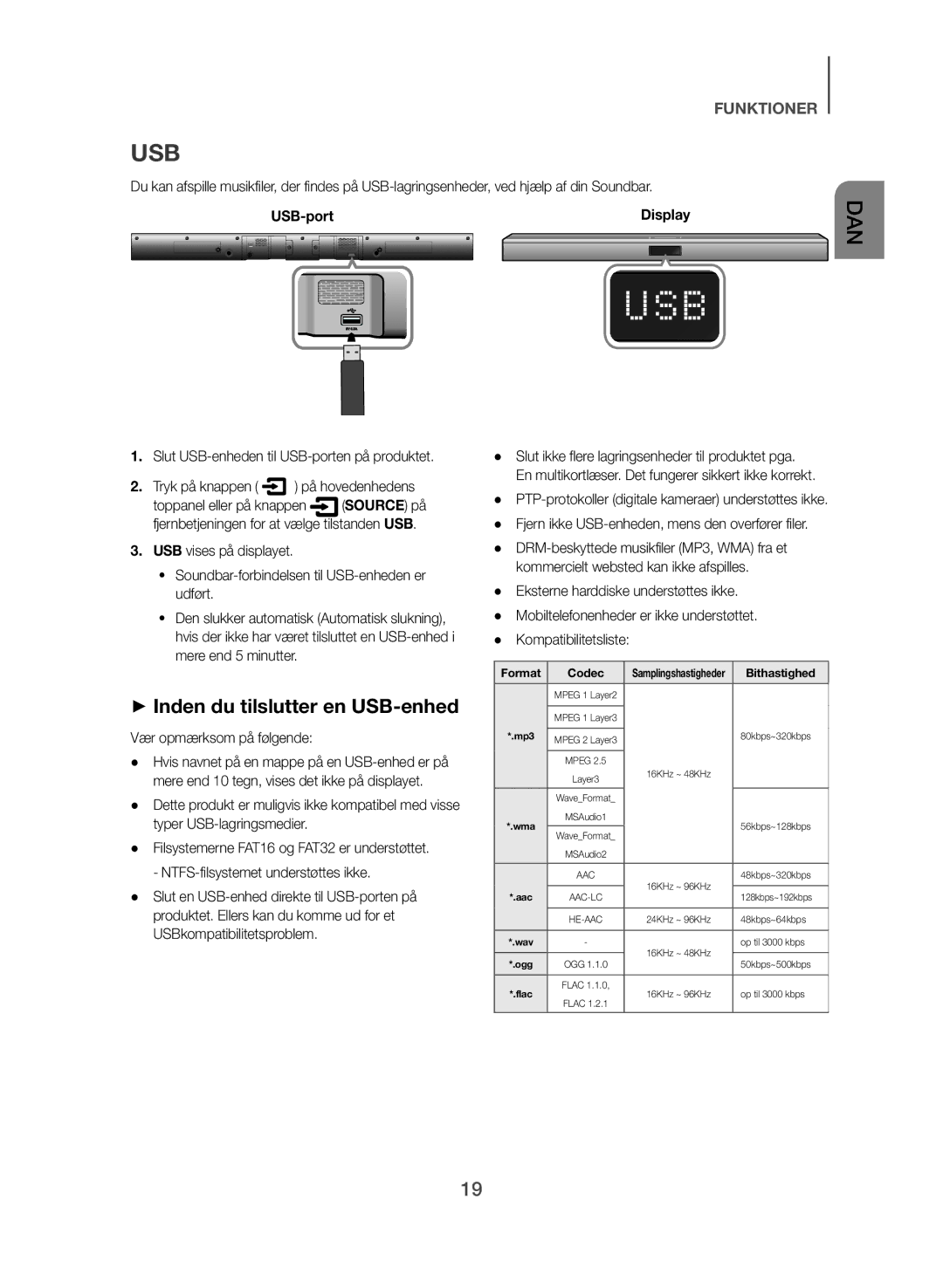 Samsung HW-J365/XE manual ++Inden du tilslutter en USB-enhed, Slut USB-enheden til USB-porten på produktet 