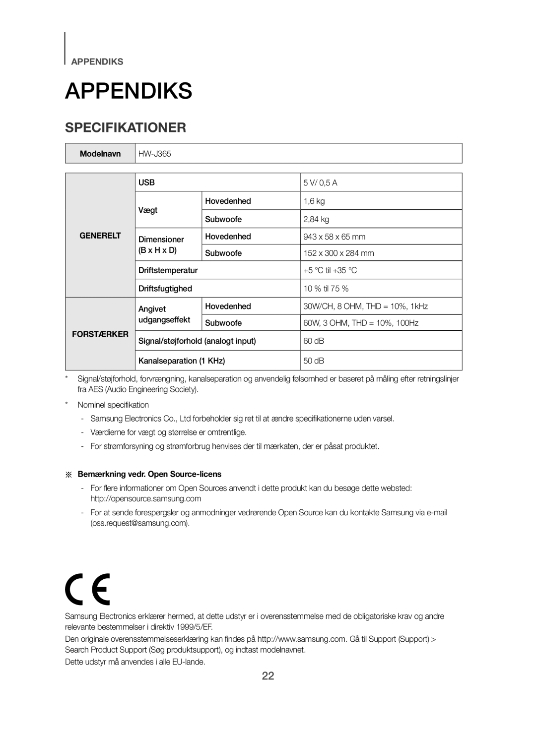 Samsung HW-J365/XE manual Appendiks, Modelnavn, 0,5 a, Vægt Hovedenhed, Aa Bemærkning vedr. Open Source-licens 