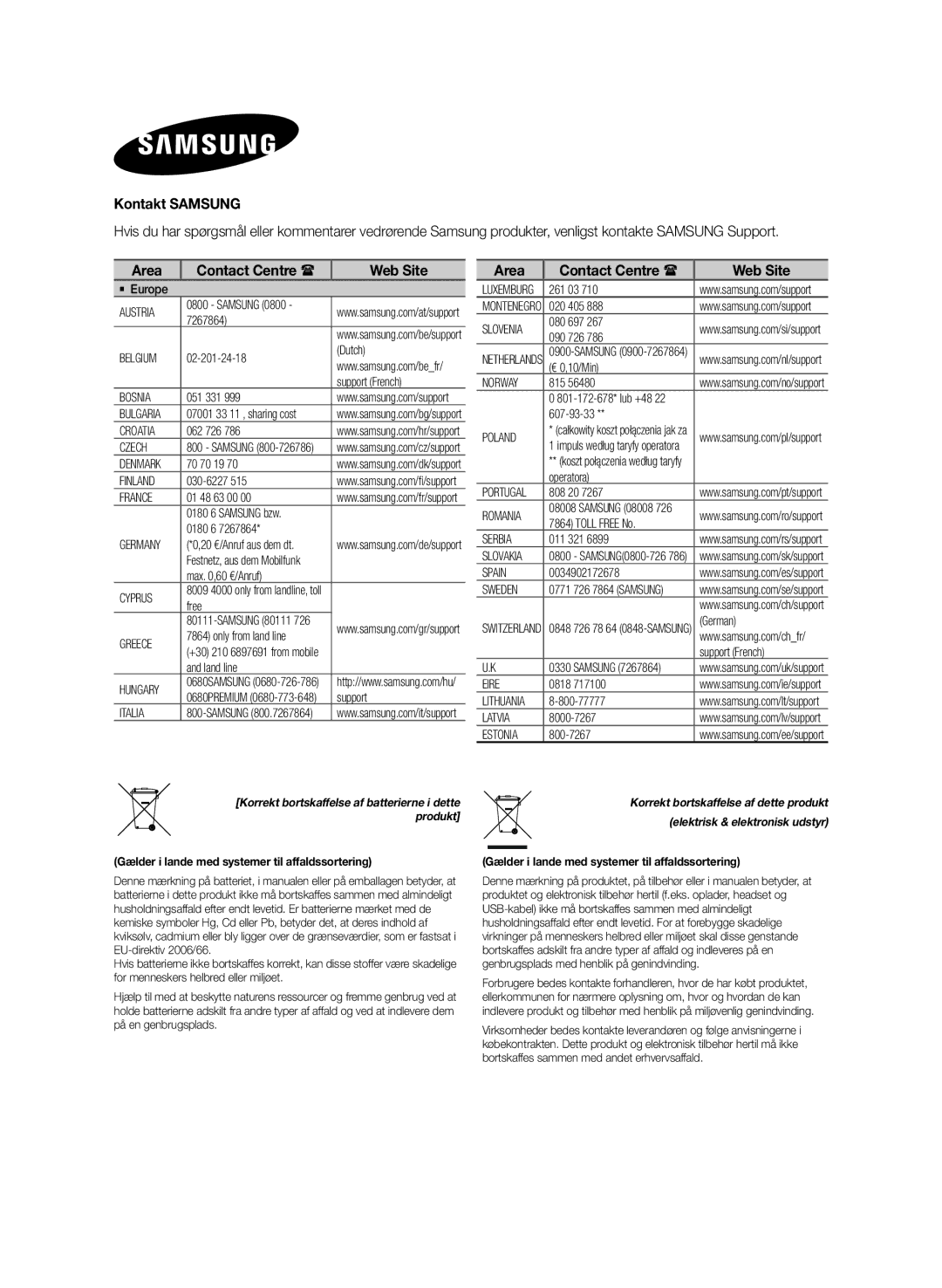 Samsung HW-J365/XE manual Kontakt Samsung, Gælder i lande med systemer til affaldssortering 