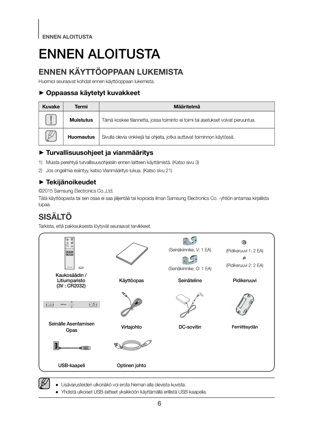 Samsung HW-J365/XE manual Ennen Aloitusta, Ennen Käyttöoppaan Lukemista, Sisältö 