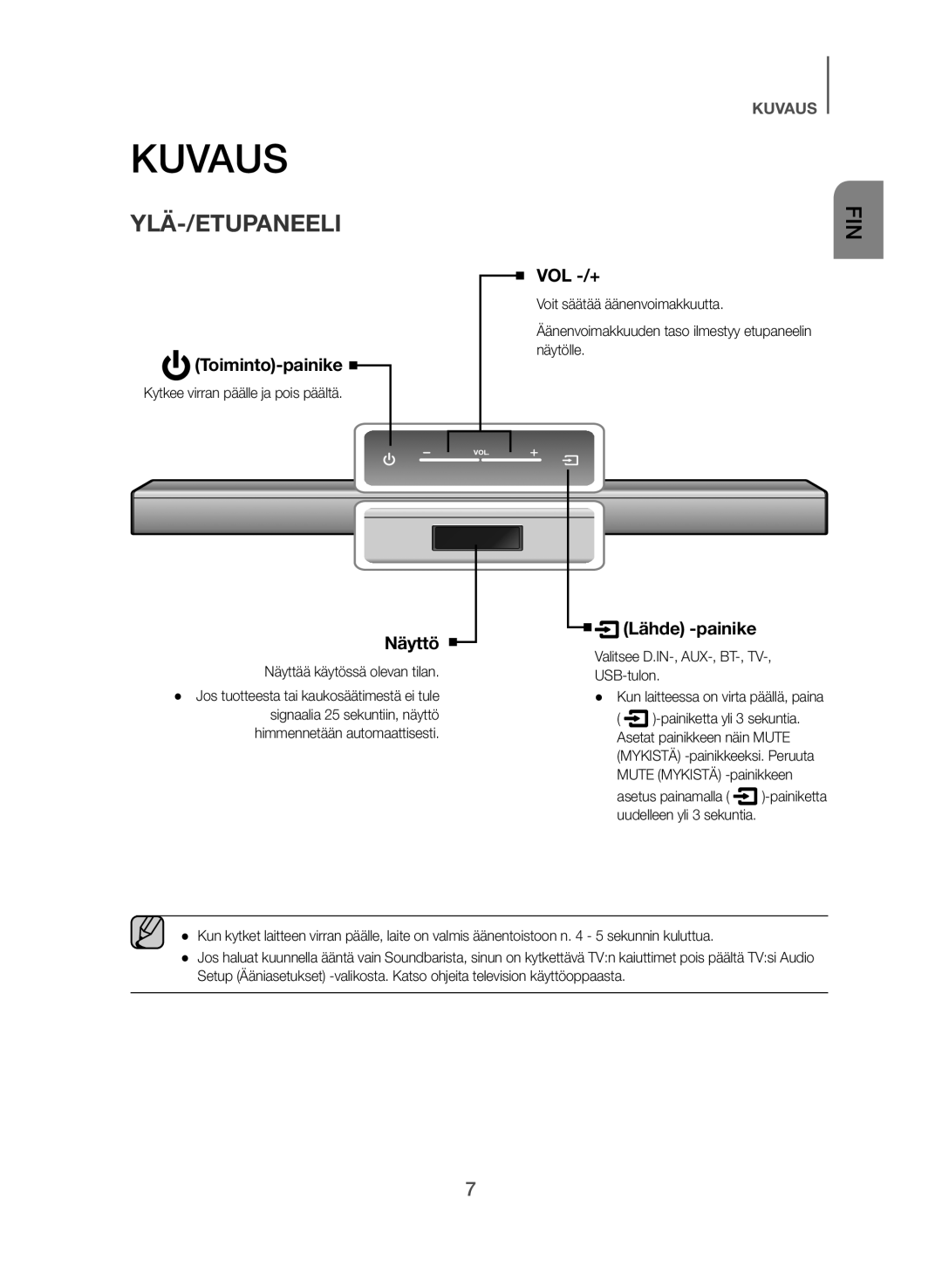 Samsung HW-J365/XE manual Kuvaus, Ylä-/Etupaneeli, Kytkee virran päälle ja pois päältä, USB-tulon 